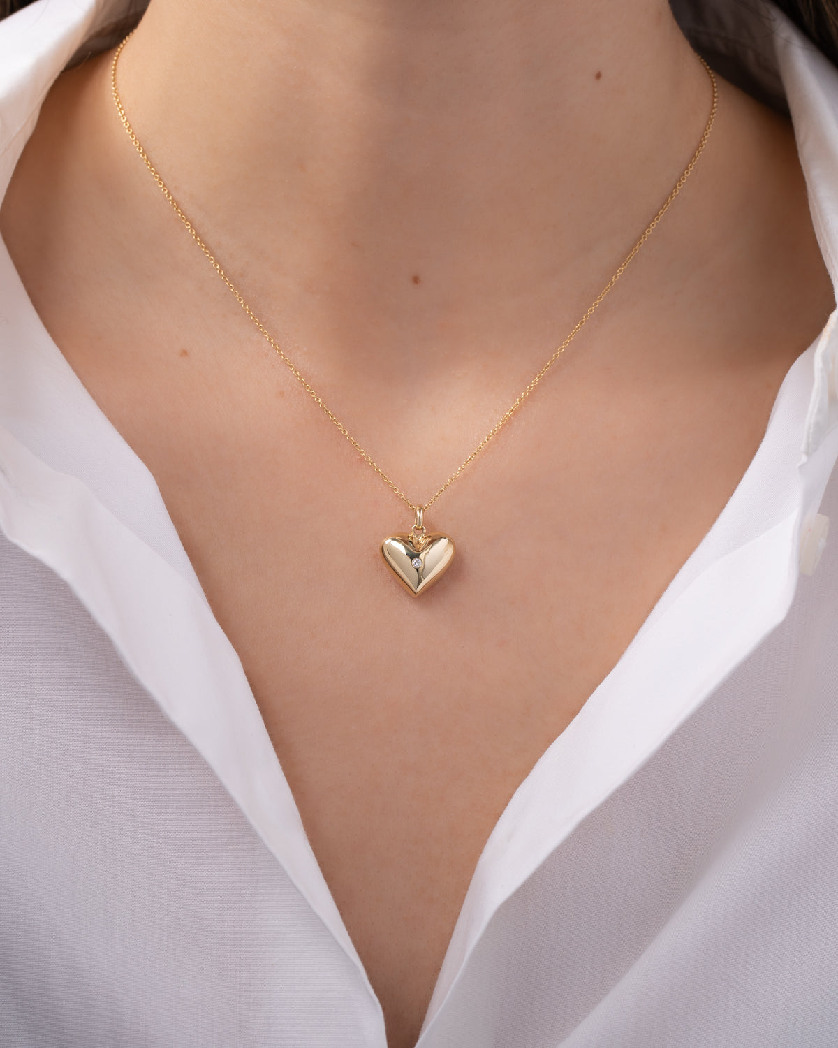14K Gold Domed Heart with Tiny Diamond Pendant