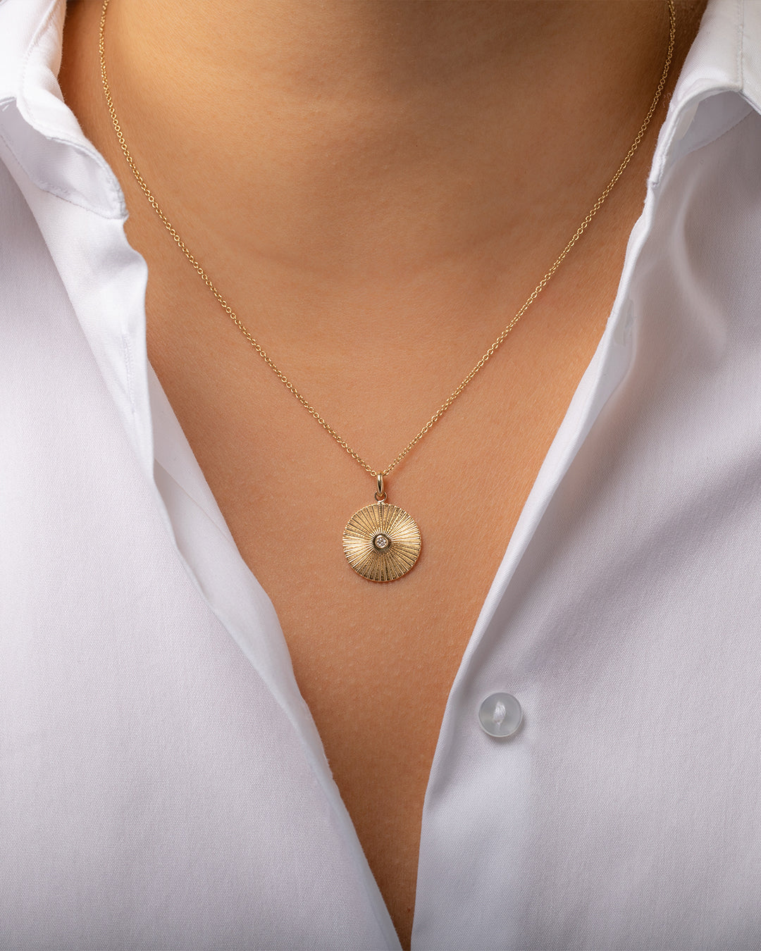 14K Gold Pleated Disc with Diamond Pendant