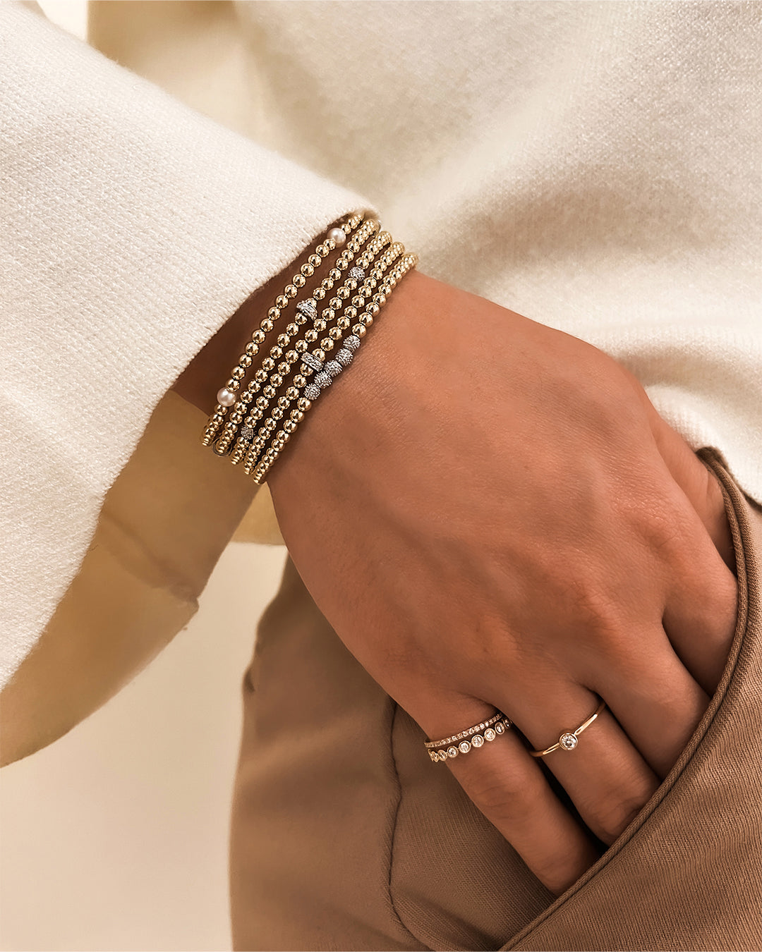 3mm Gold Segment Bead Bracelet with Diamond Bars