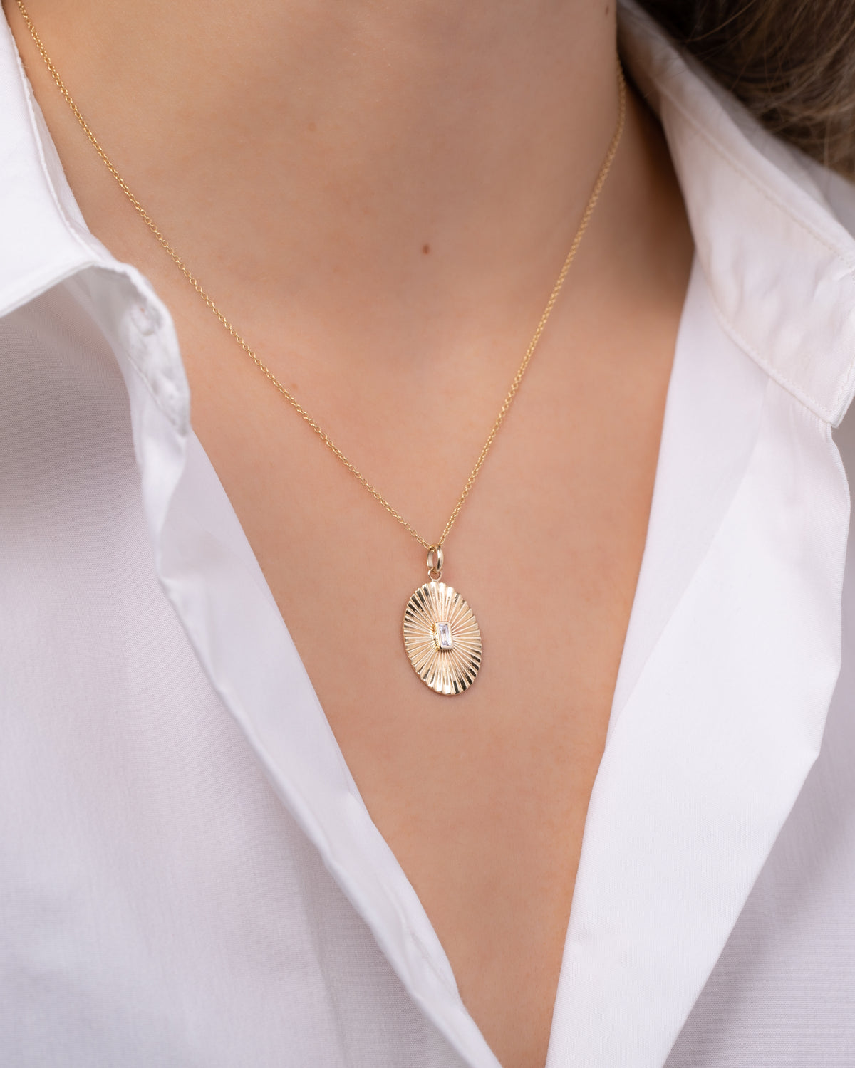14K Gold Pleated Oval with Baguette Diamond Pendant