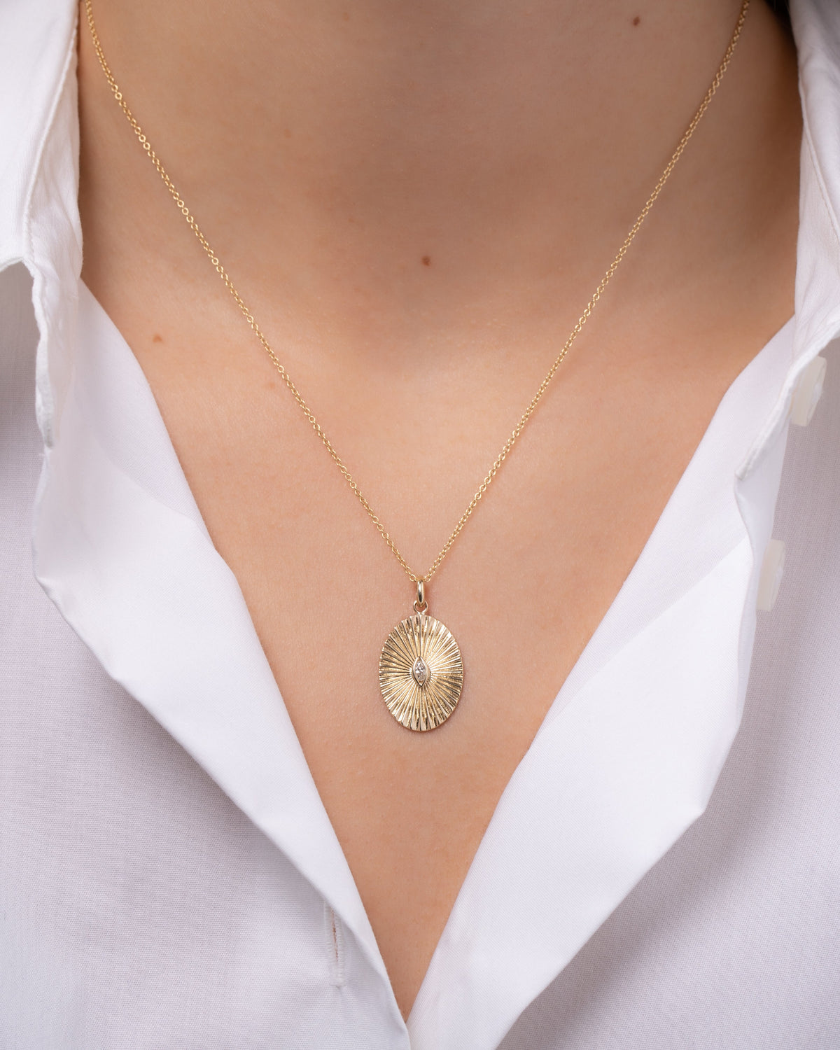 14K Gold Pleated Oval with Marquise Diamond Necklace