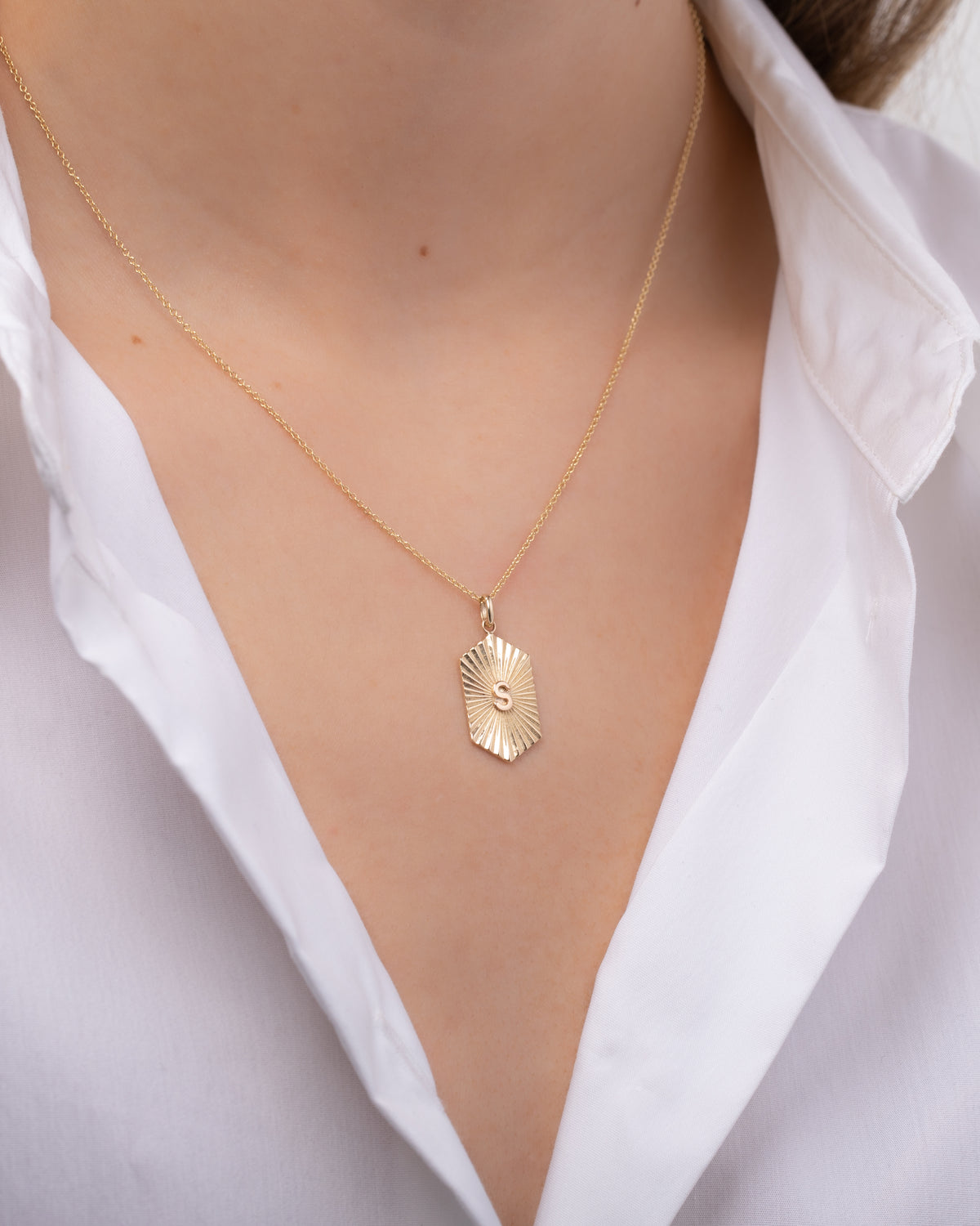 14K Gold Pleated Shield with Initial Necklace