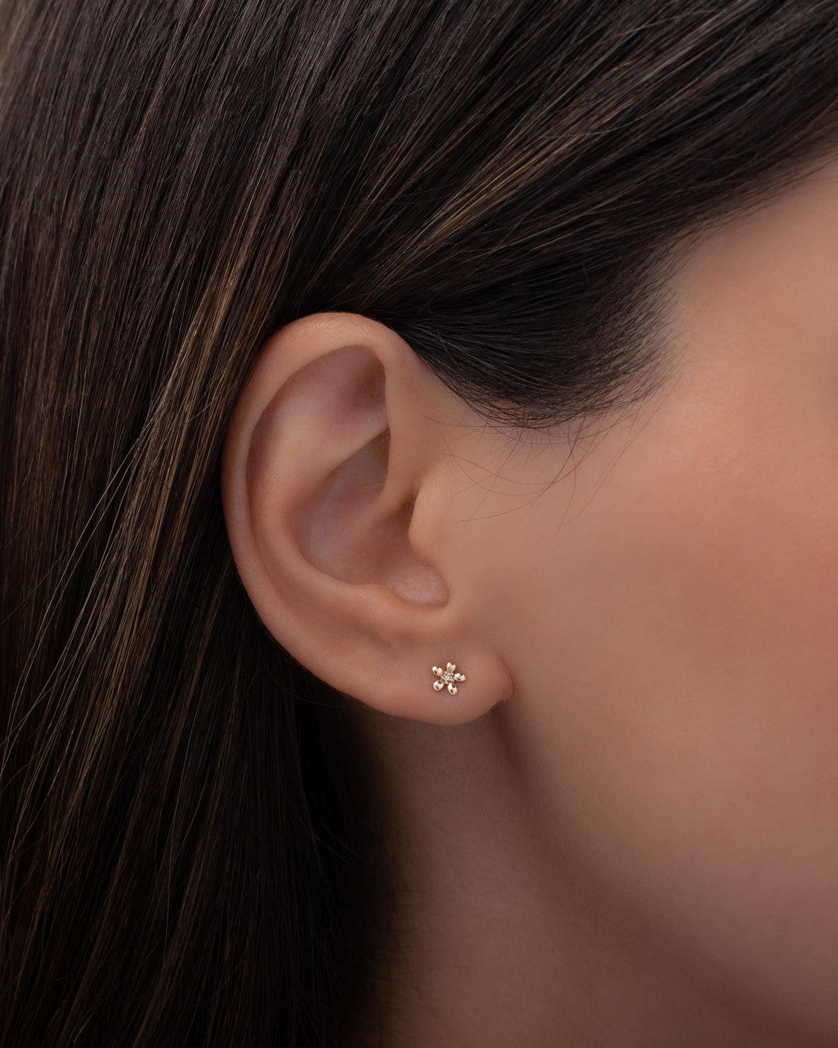 14k Gold Mini Diamond Flower Stud Earrings