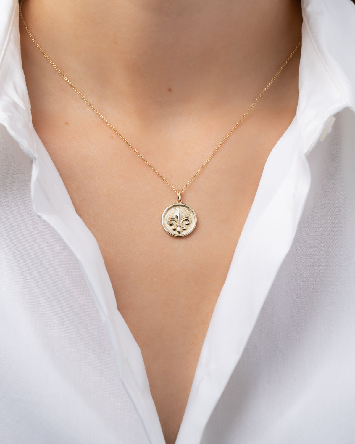 14k Gold Diamond Fleur De Lis Medallion Necklace
