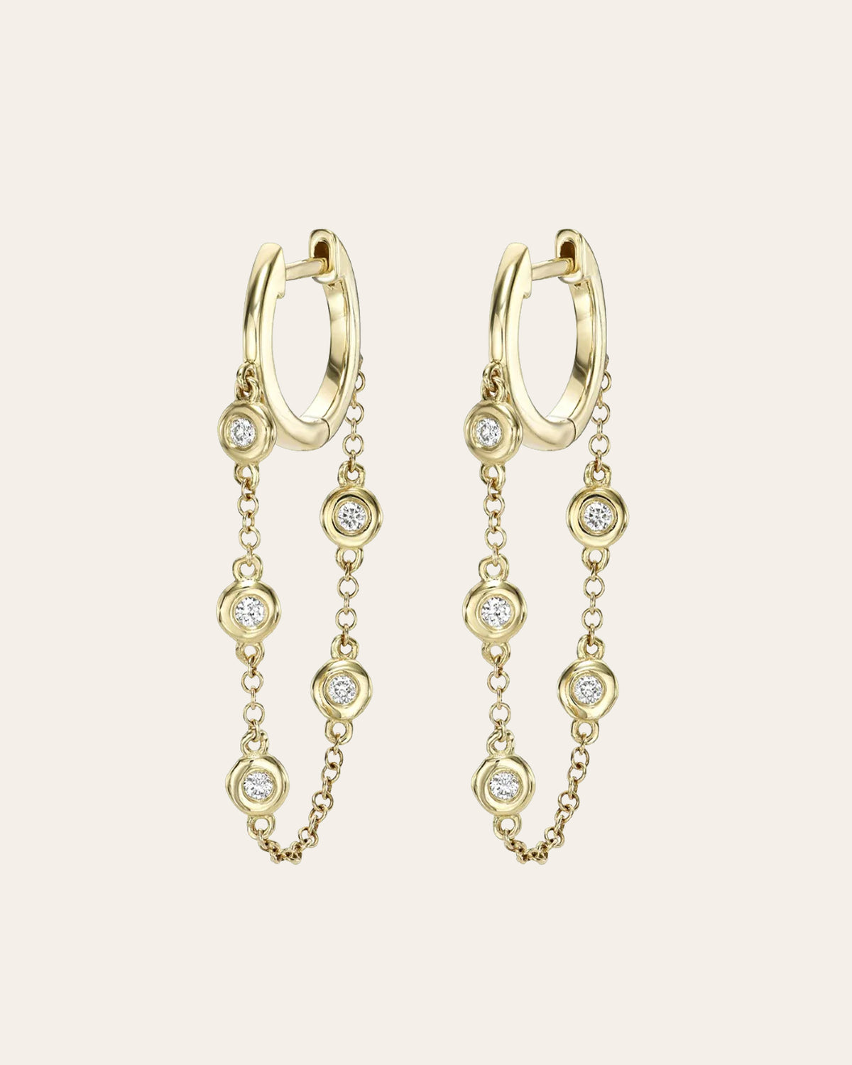 Gold Huggie Earrings with Bezel Chain