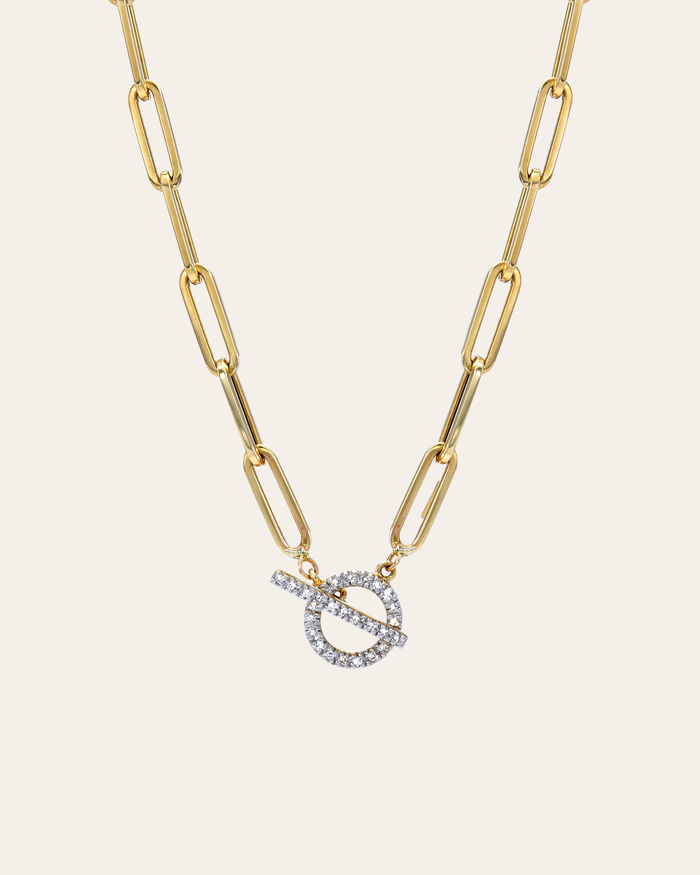 14k Gold Large Paper Clip Chain with Diamond Toggle Necklace