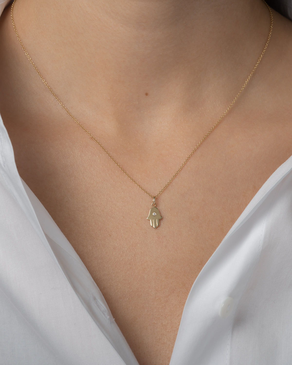 14k Gold Hamsa with Tiny Diamond Pendant