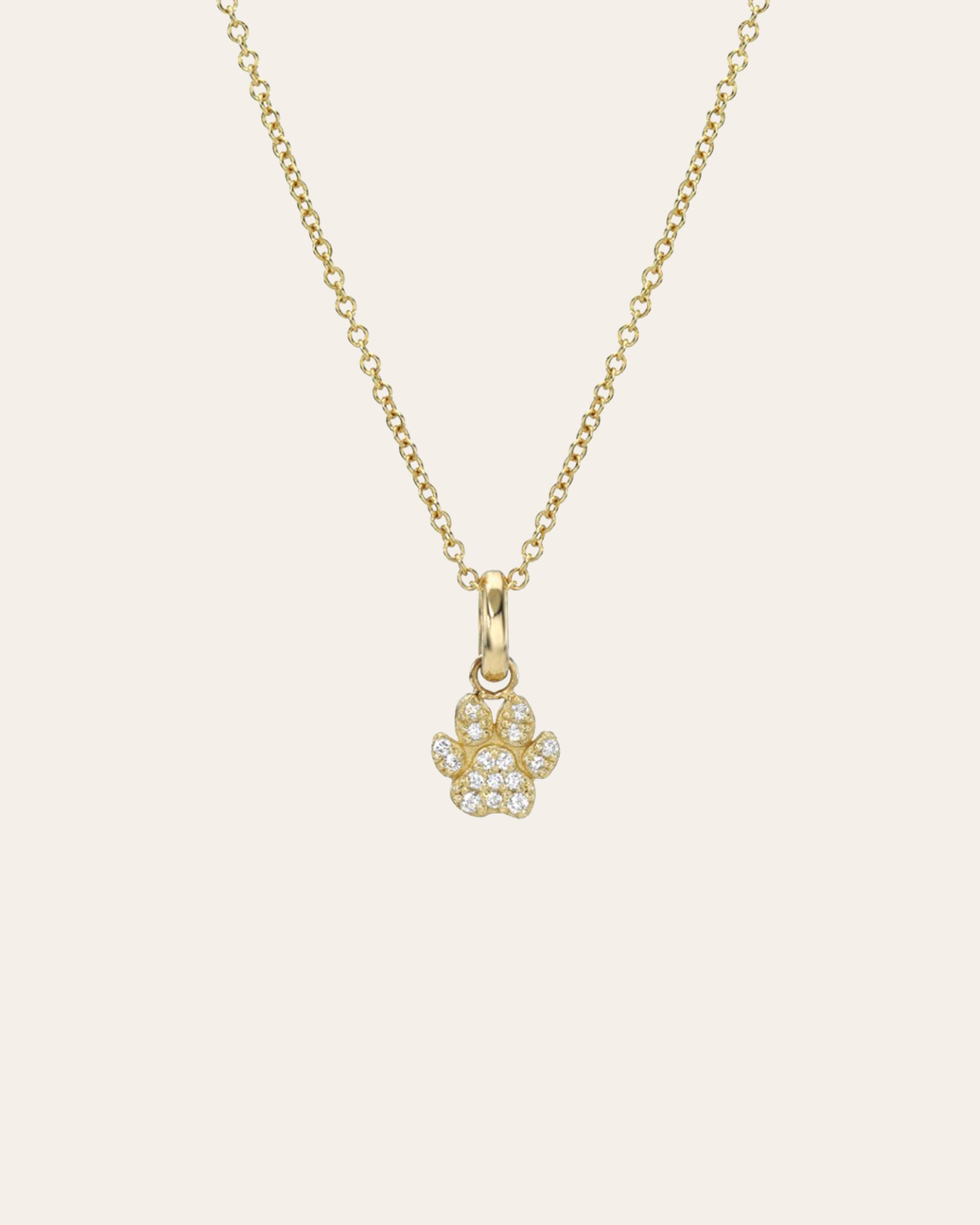 14K Solid Gold Diamond Paw Print Necklace: Pet Memorial Gift