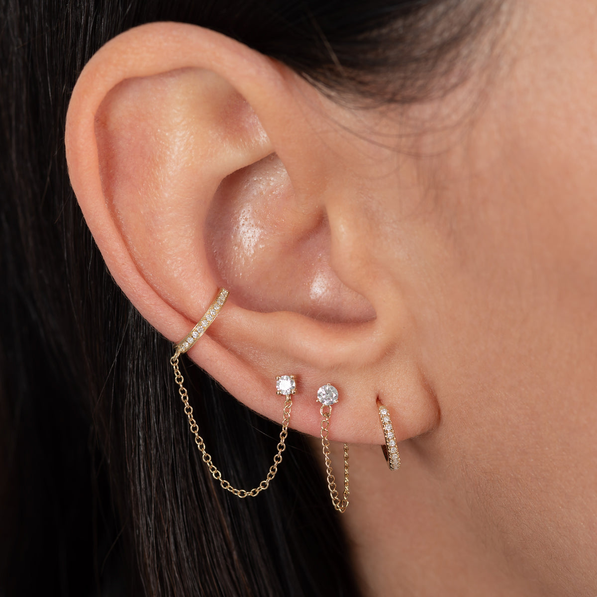 3 Prong Diamond Stud Chain Earrings