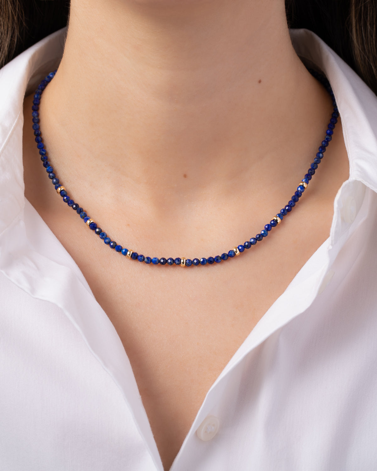 14K Gold Blue Lapis Segment Beaded Necklace