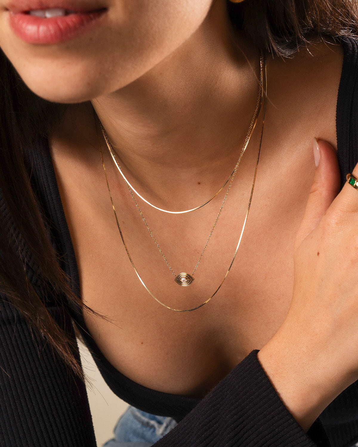 14K Gold Diamond Ribbed Evil Eye Necklace Zoe Lev Jewelry