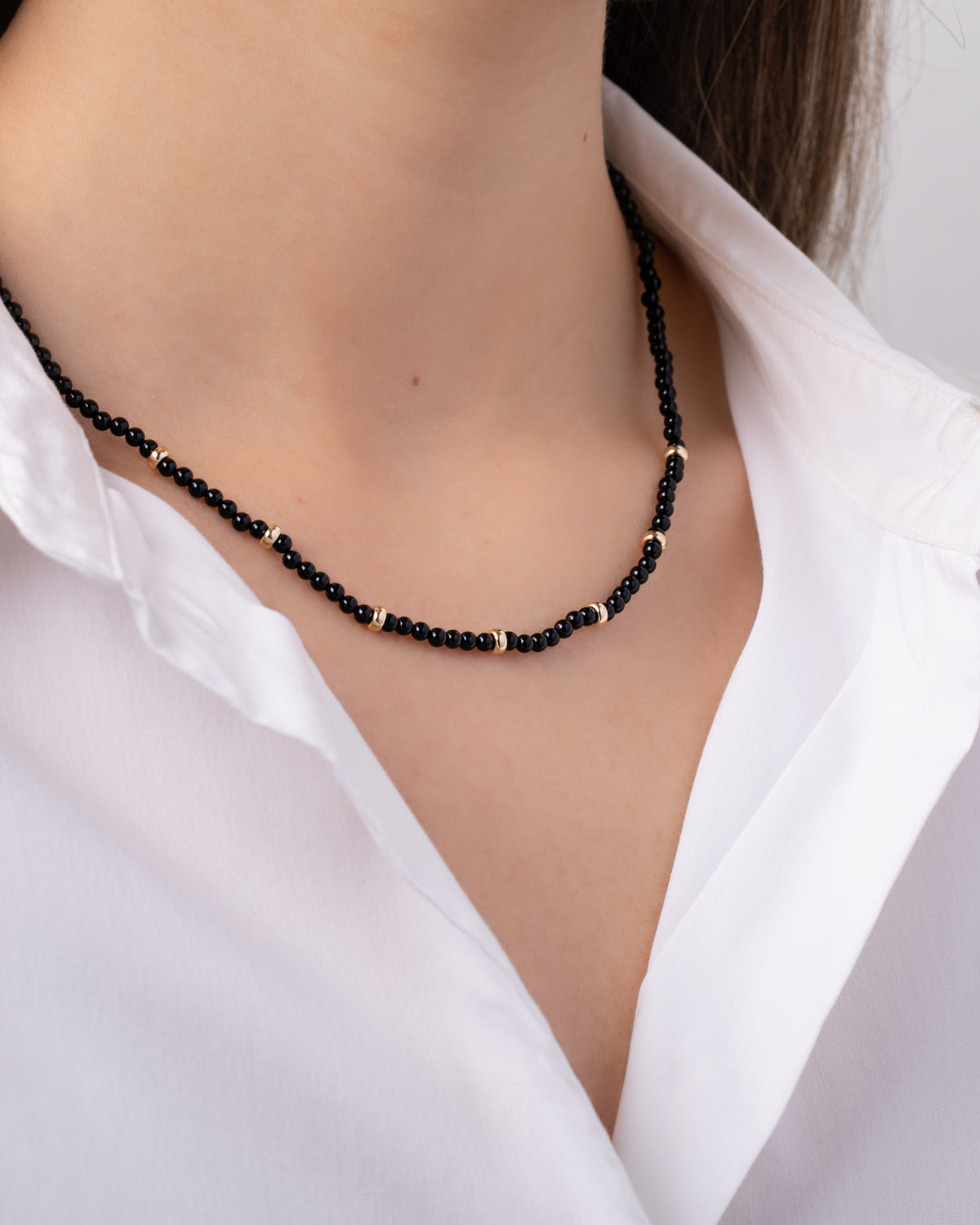 14K Gold Black Onyx Segment Beaded Necklace