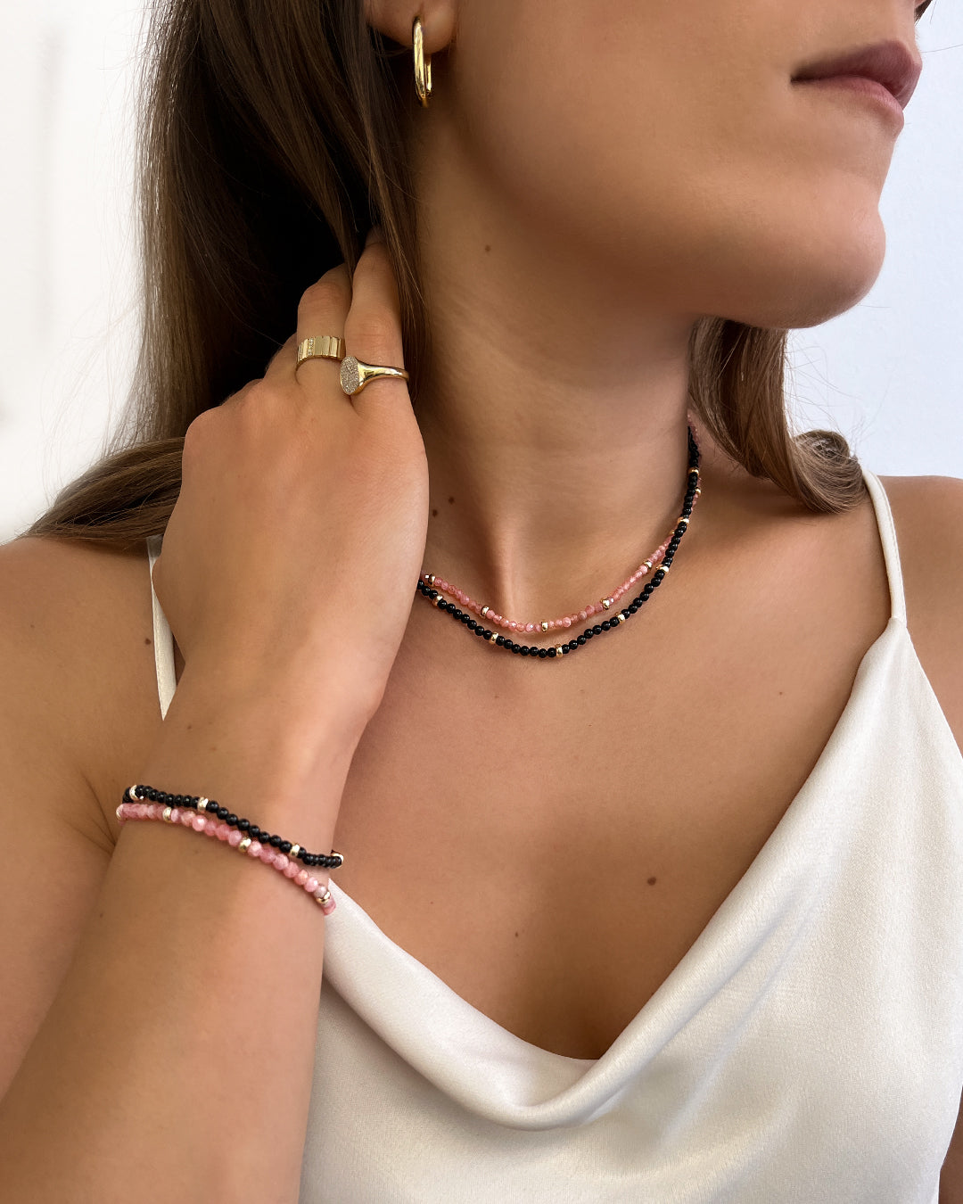 14K Gold Pink Rhodochrosite Segment Bead Bracelet Zoe Lev Jewelry