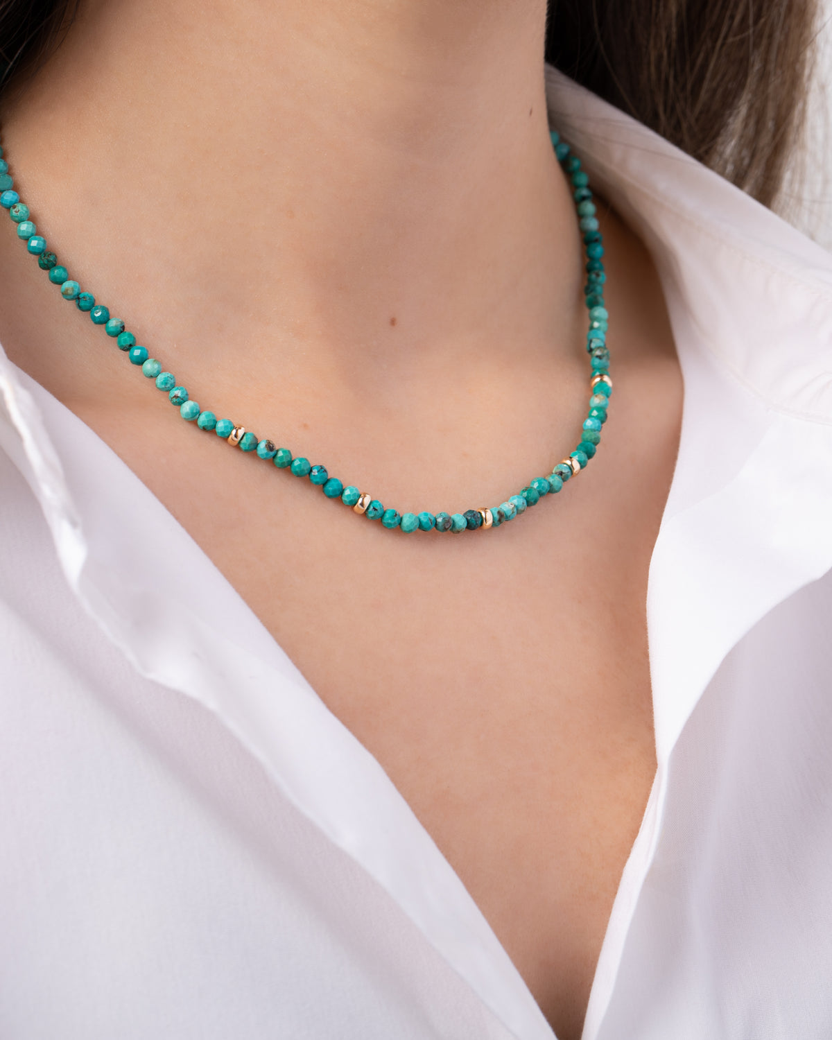14K Gold Turquoise Segment Beaded Necklace