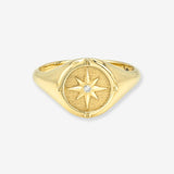 14k Gold Diamond Compass Signet Ring