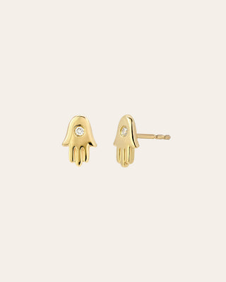 14k Gold Diamond Hamsa Stud Earrings