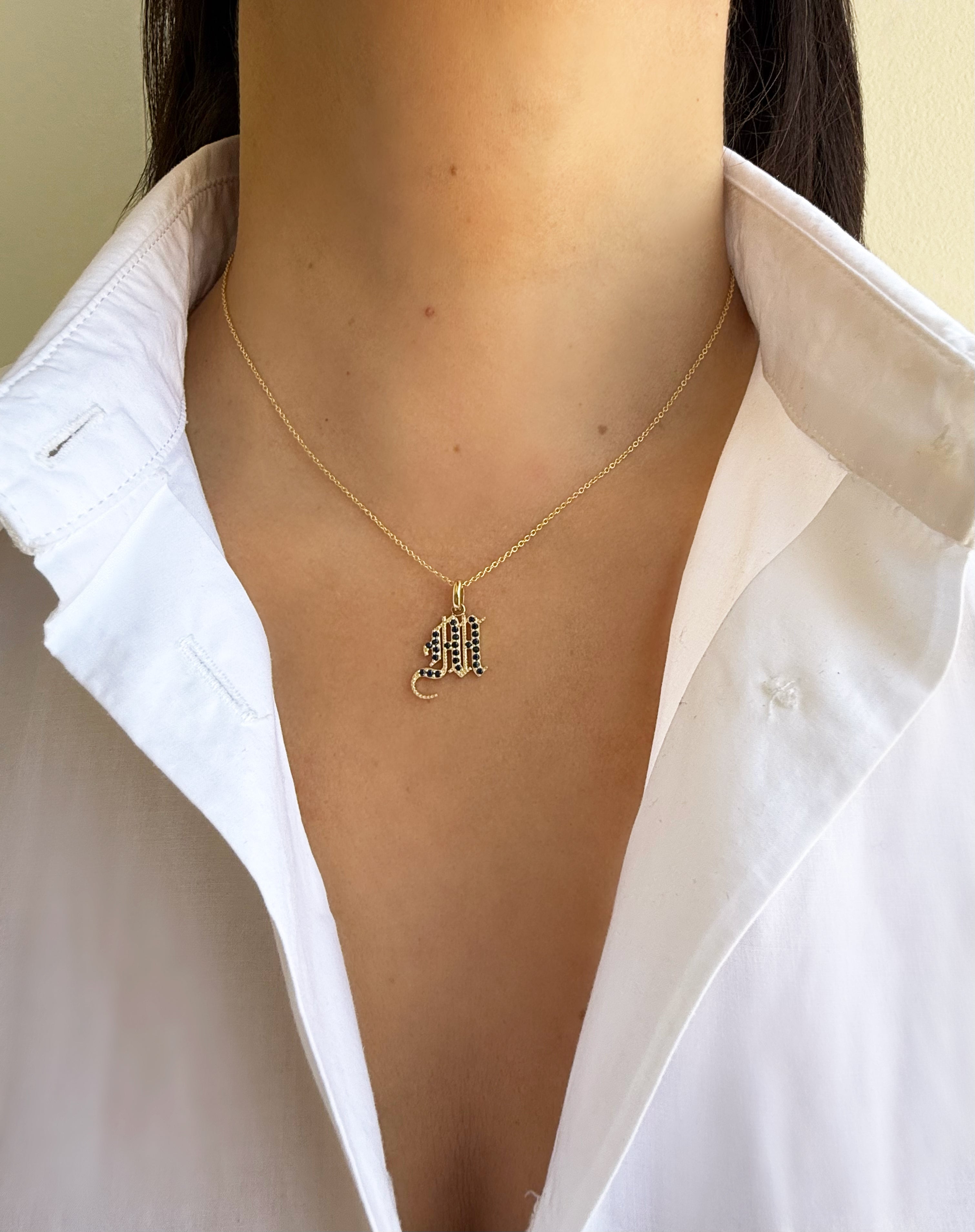 14k Gold Gemstone Gothic Initial Pendant
