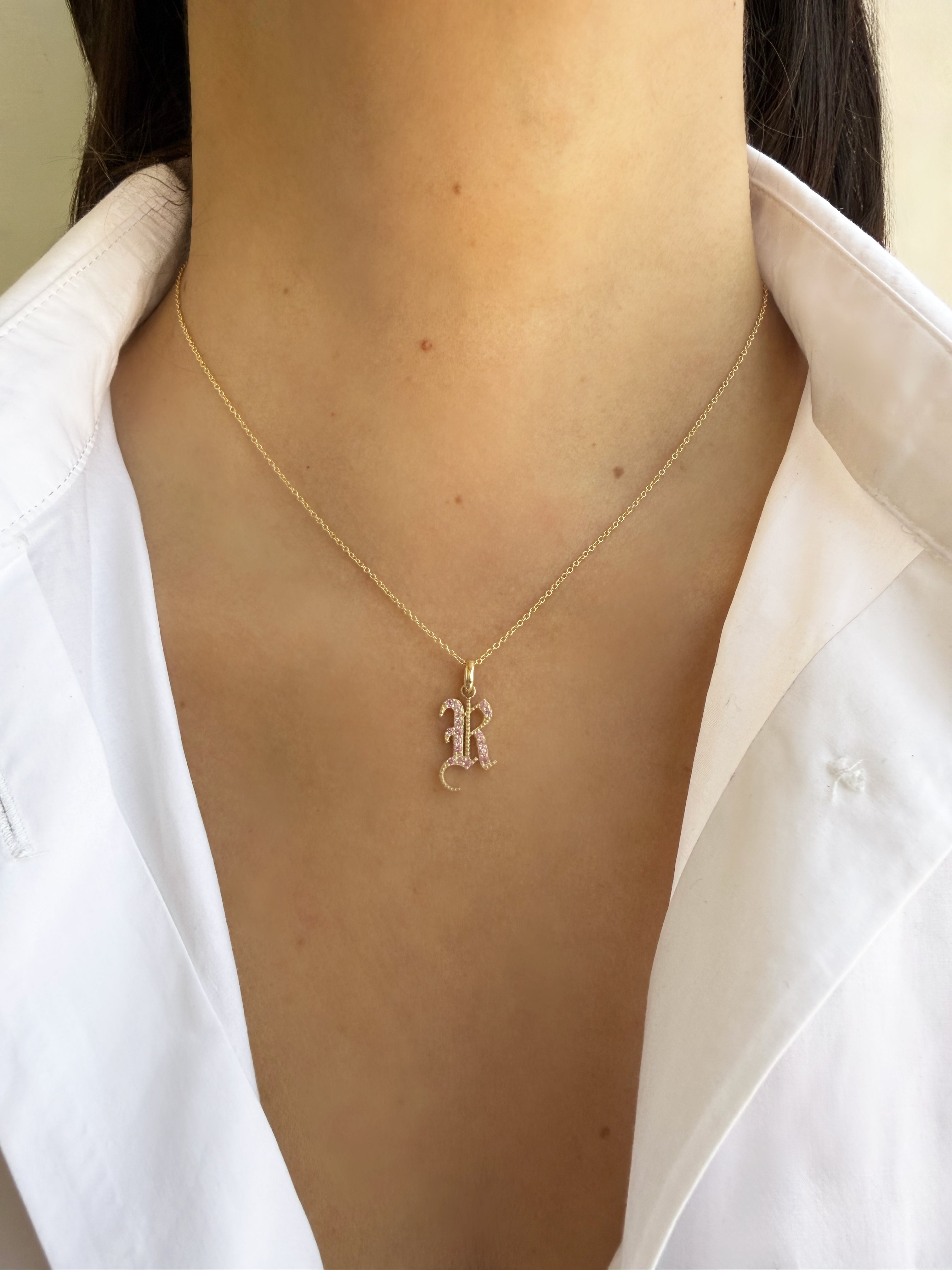 14k Gold Gemstone Gothic Initial Pendant
