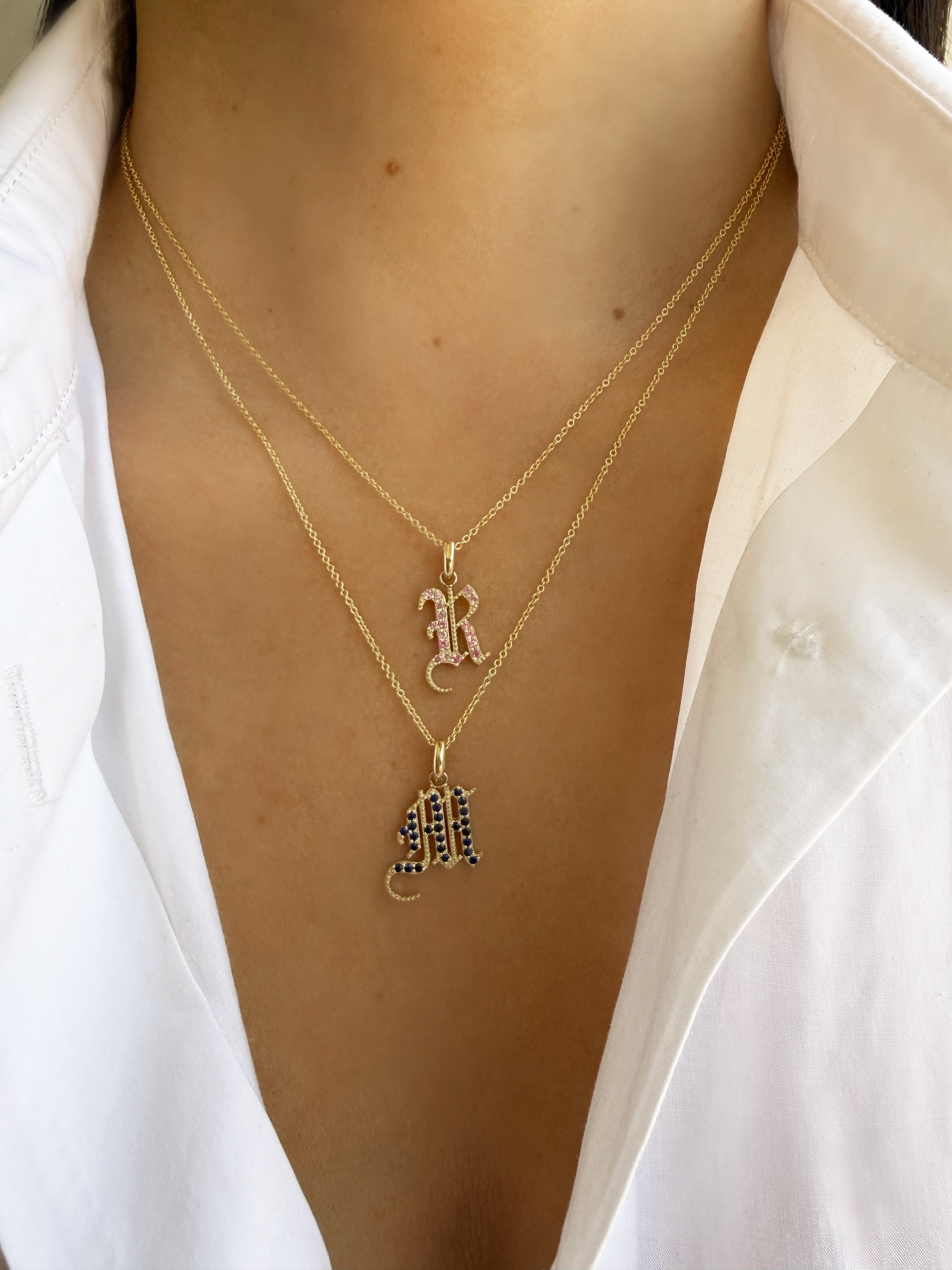 14k Gold Gemstone Gothic Initial Pendant