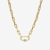 14k Gold Large Open Link Chain with Diamond Carabiner Necklace