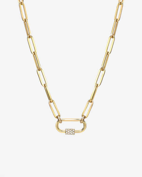 14k Gold Large Paper Clip Chain with Diamond Carabiner Necklace