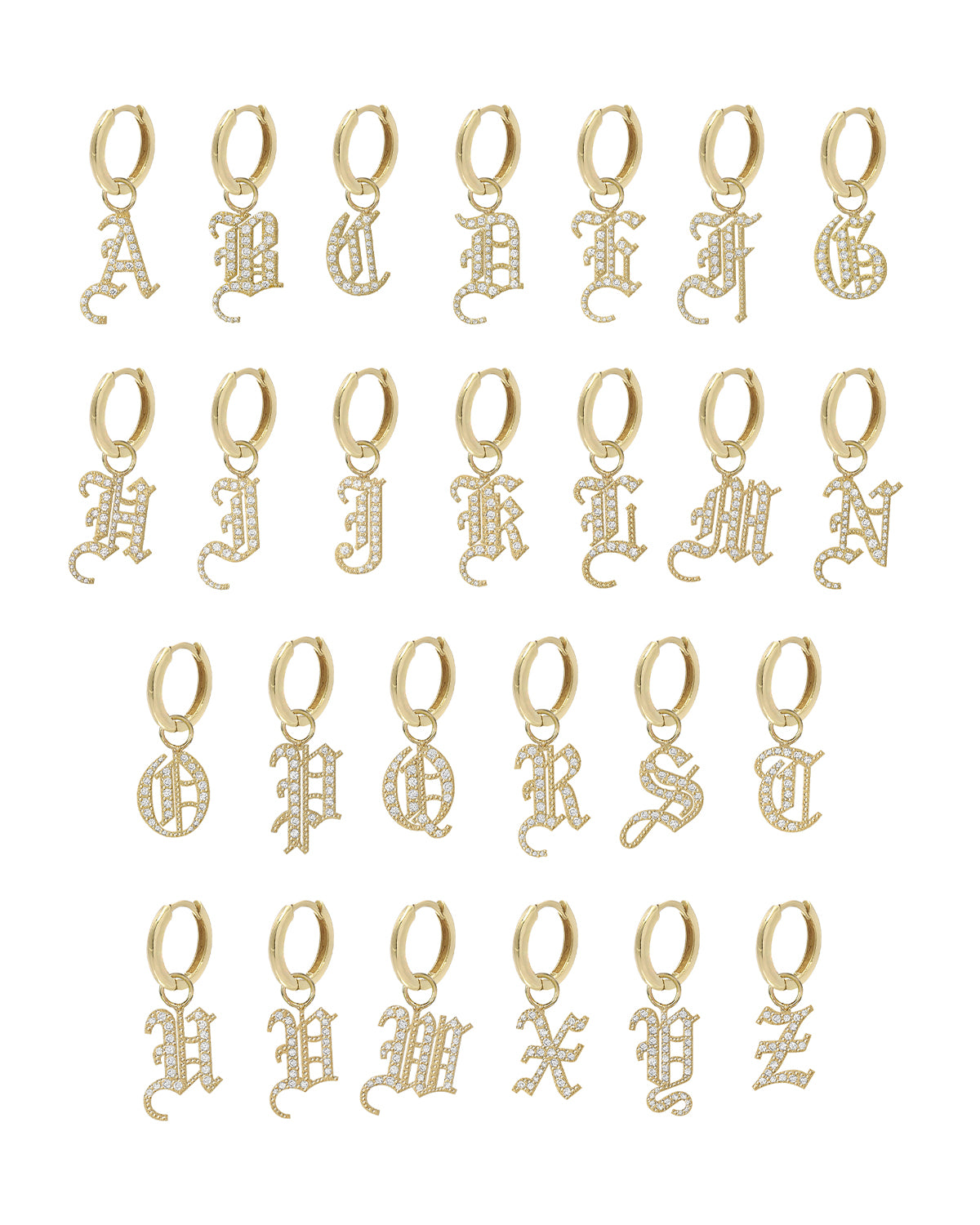 14k Gold Mini Huggie Earring with Diamond Gothic Initial Charm Personalized Zoe Lev Jewelry