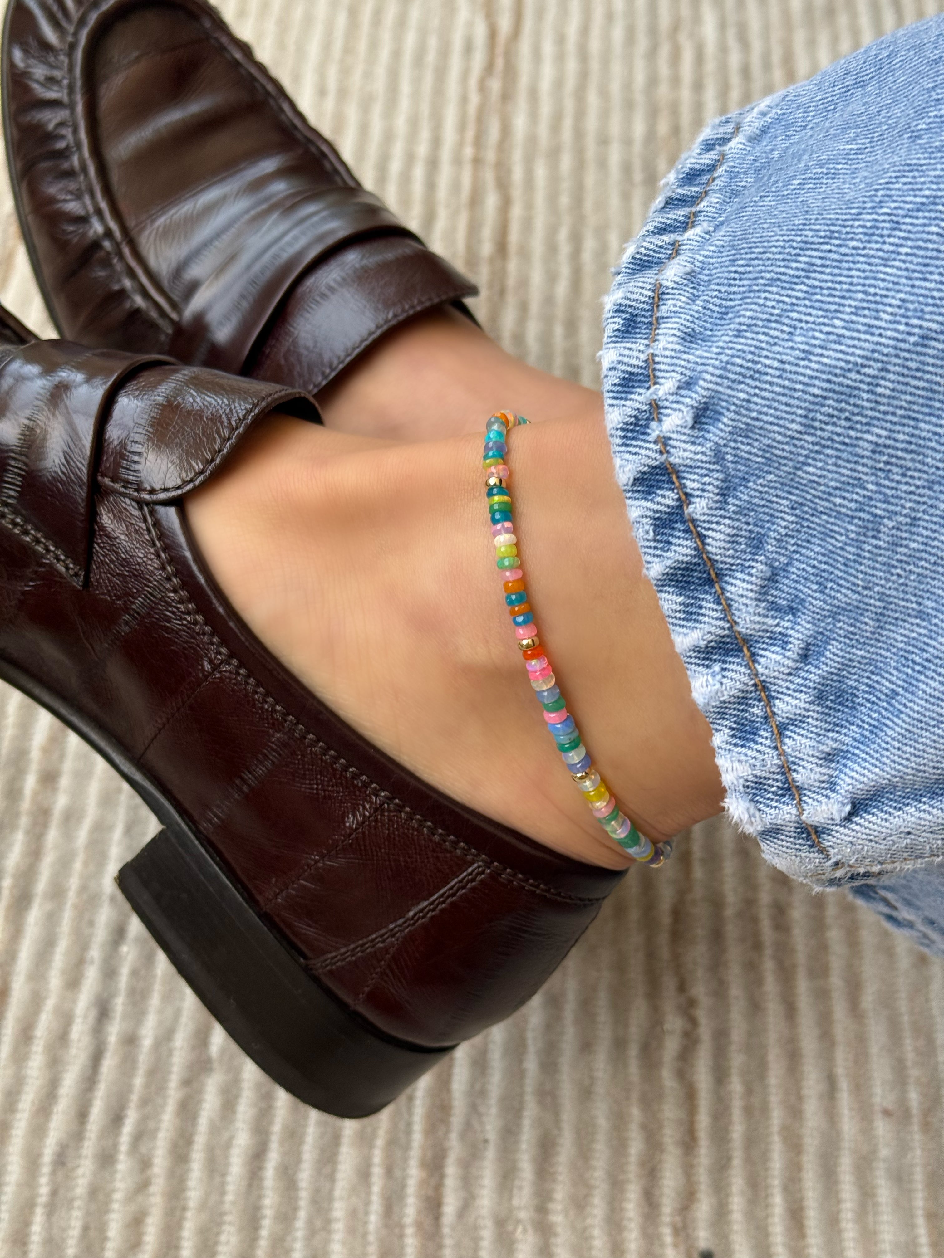 14k Gold Rainbow Opal Segment Anklet Zoe Lev Jewelry