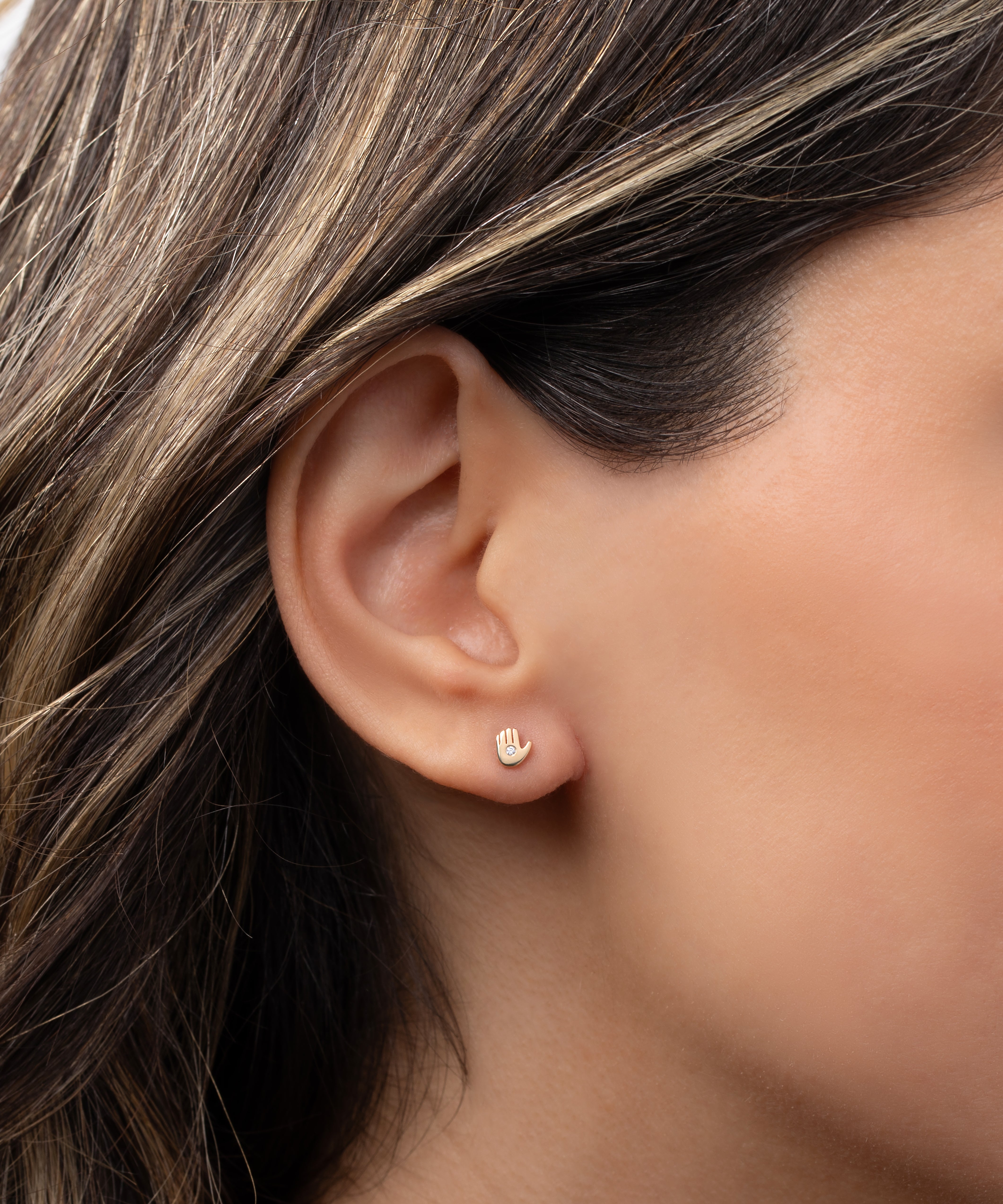 14k Gold Tiny Hamsa with Diamond Stud Earring Zoe Lev Jewelry
