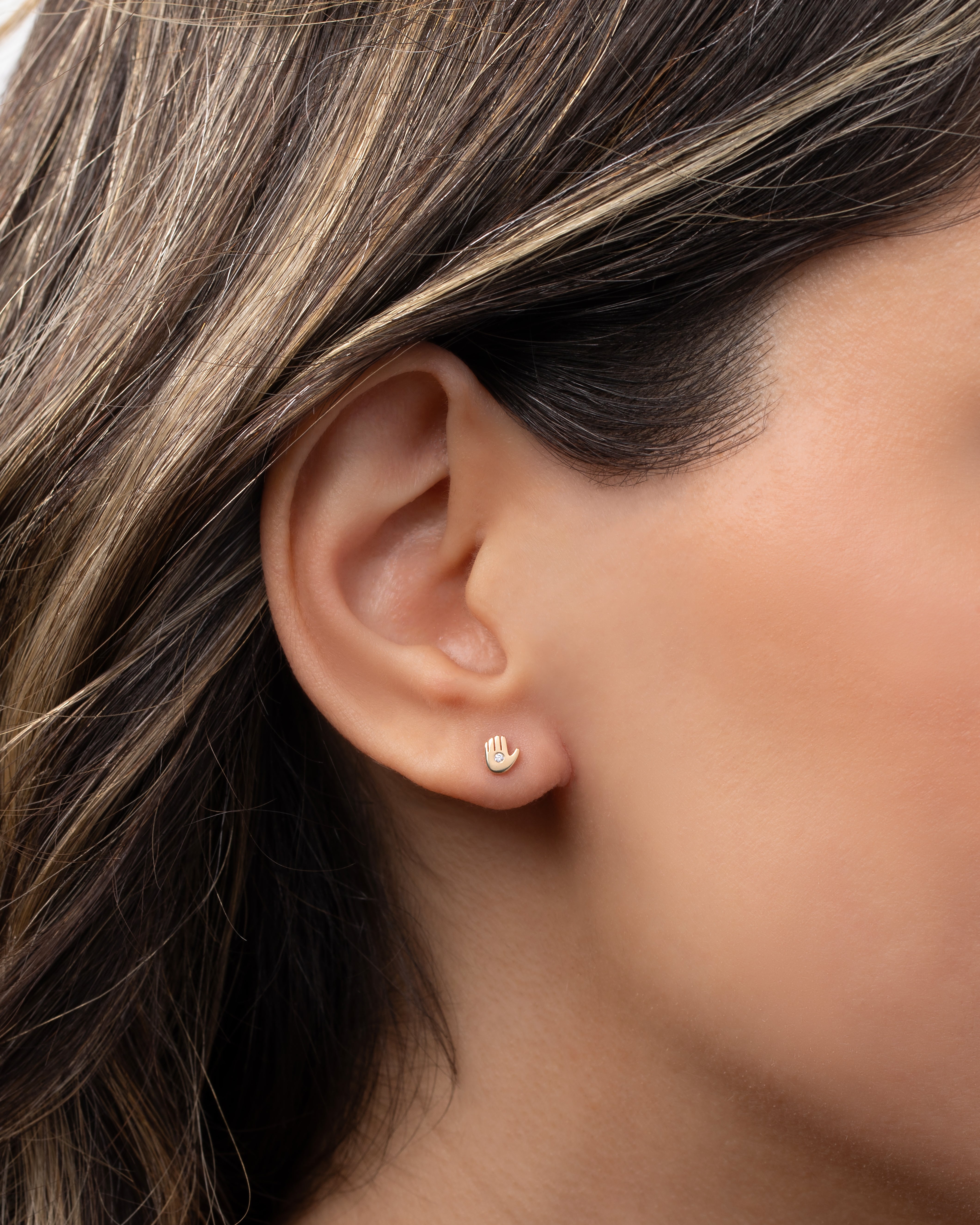 14k Gold Tiny Hamsa with Diamond Stud Earring Zoe Lev Jewelry