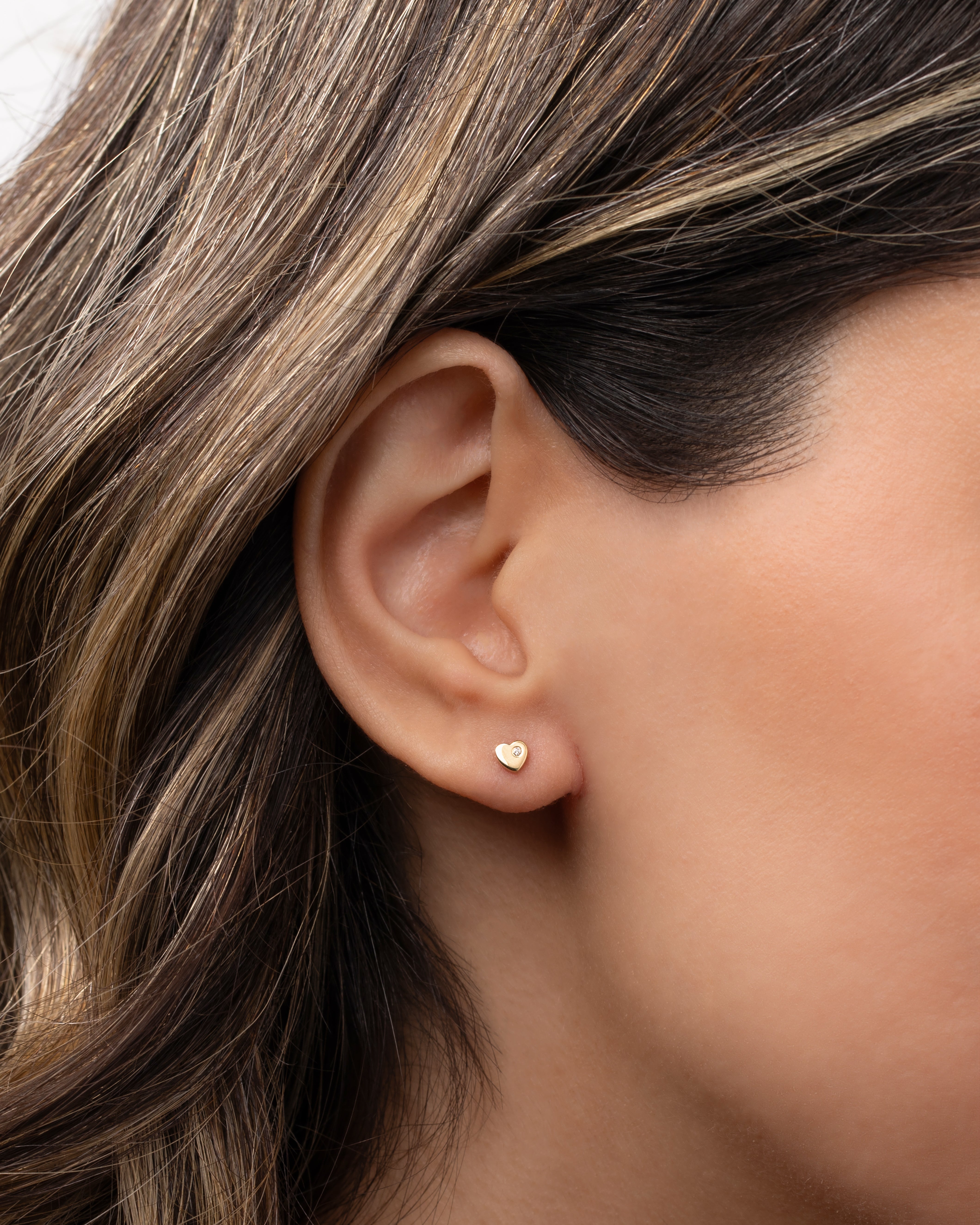 14k Gold Tiny Heart with Diamond Stud Earring Zoe Lev Jewelry