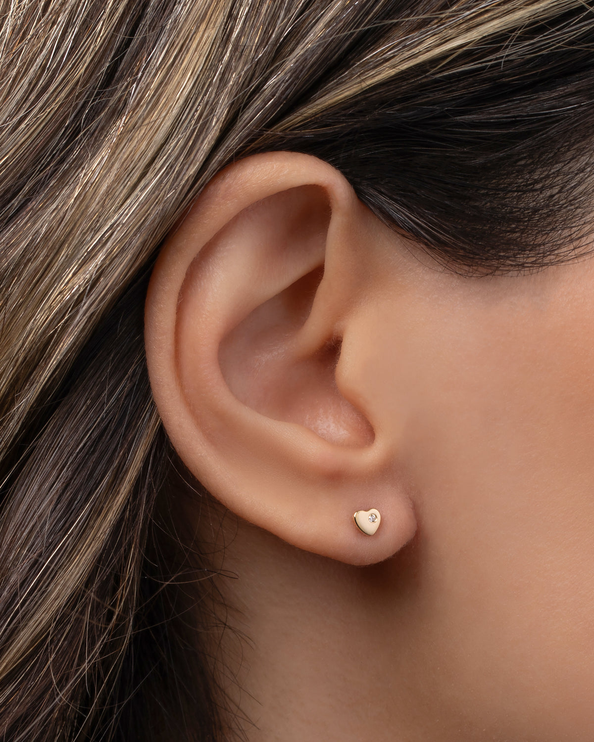 14k Gold Tiny Heart with Diamond Stud Earring