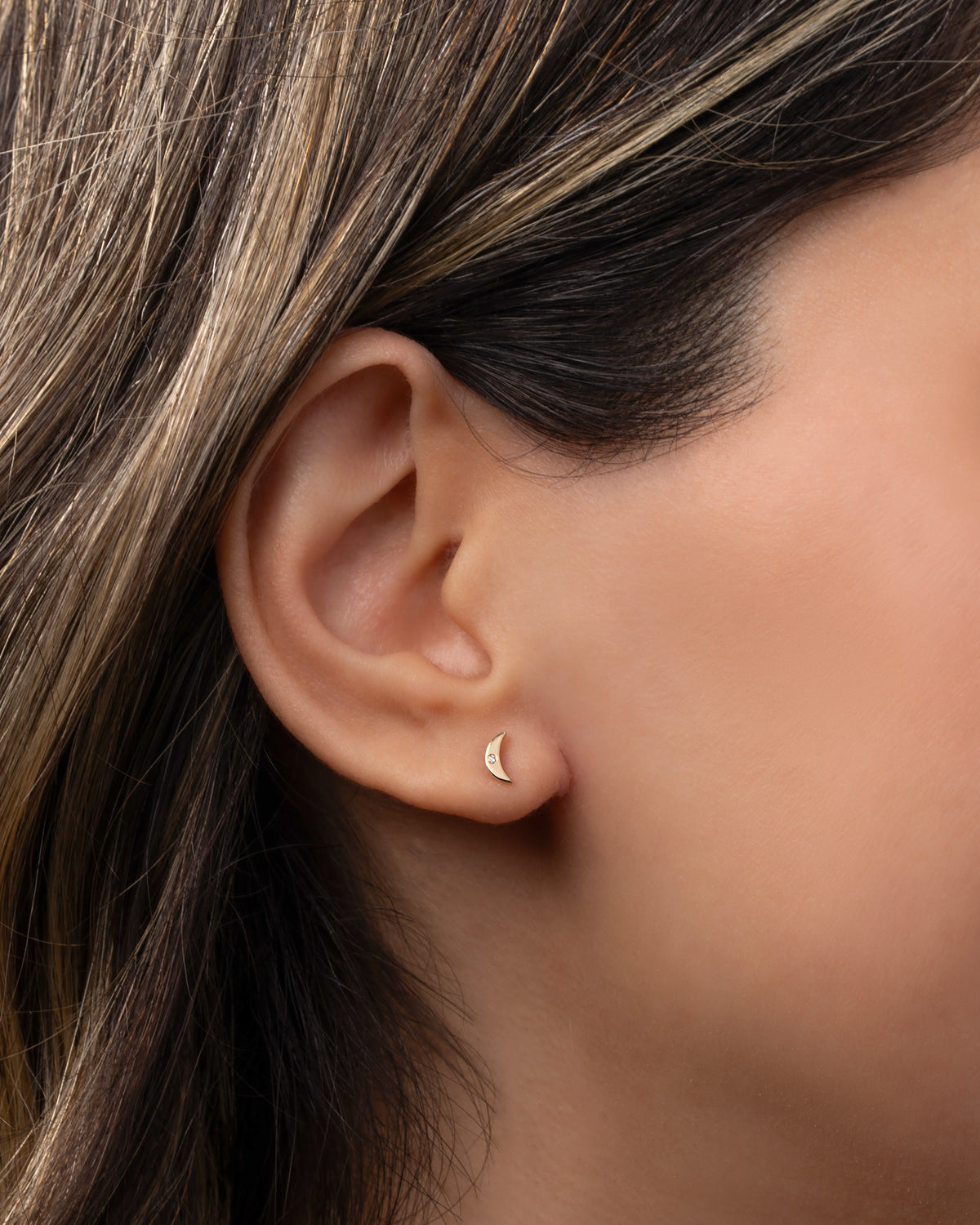 14k Gold Tiny Moon with Diamond Stud Earring