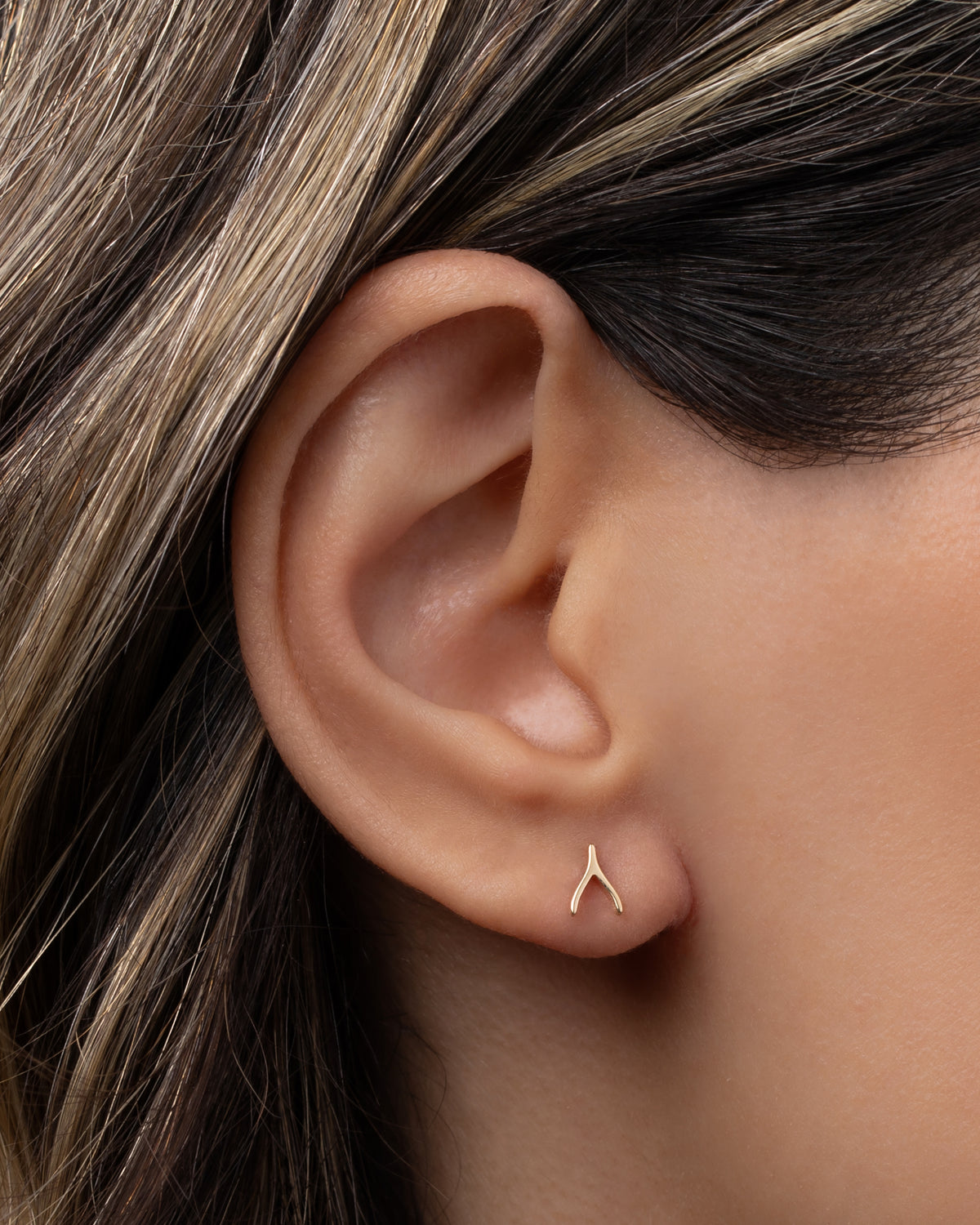 14k Gold Tiny Wishbone Stud Earring