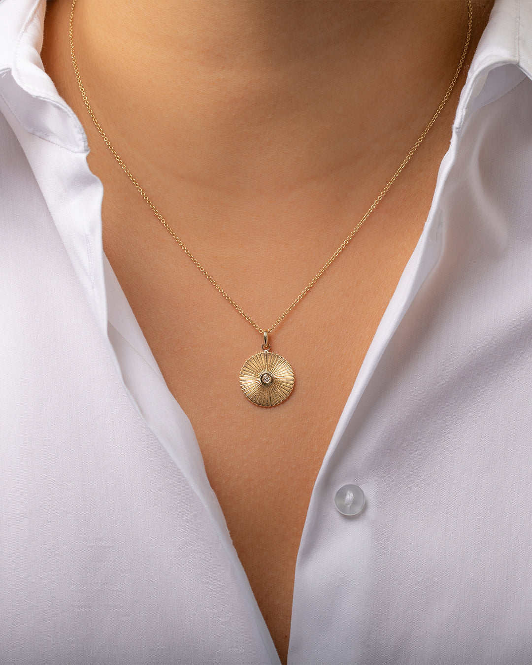 14K Gold Fluted Disc with Diamond Pendant Zoe Lev Jewelry