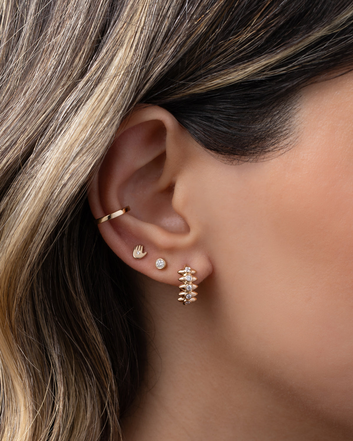 14k Gold Tiny Hamsa with Diamond Stud Earring