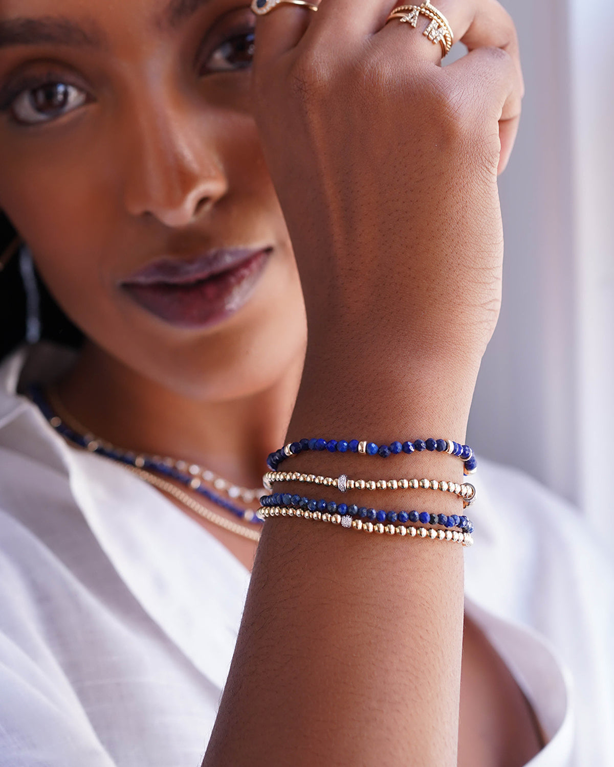 14K Gold Blue Lapis Segment Bead Bracelet