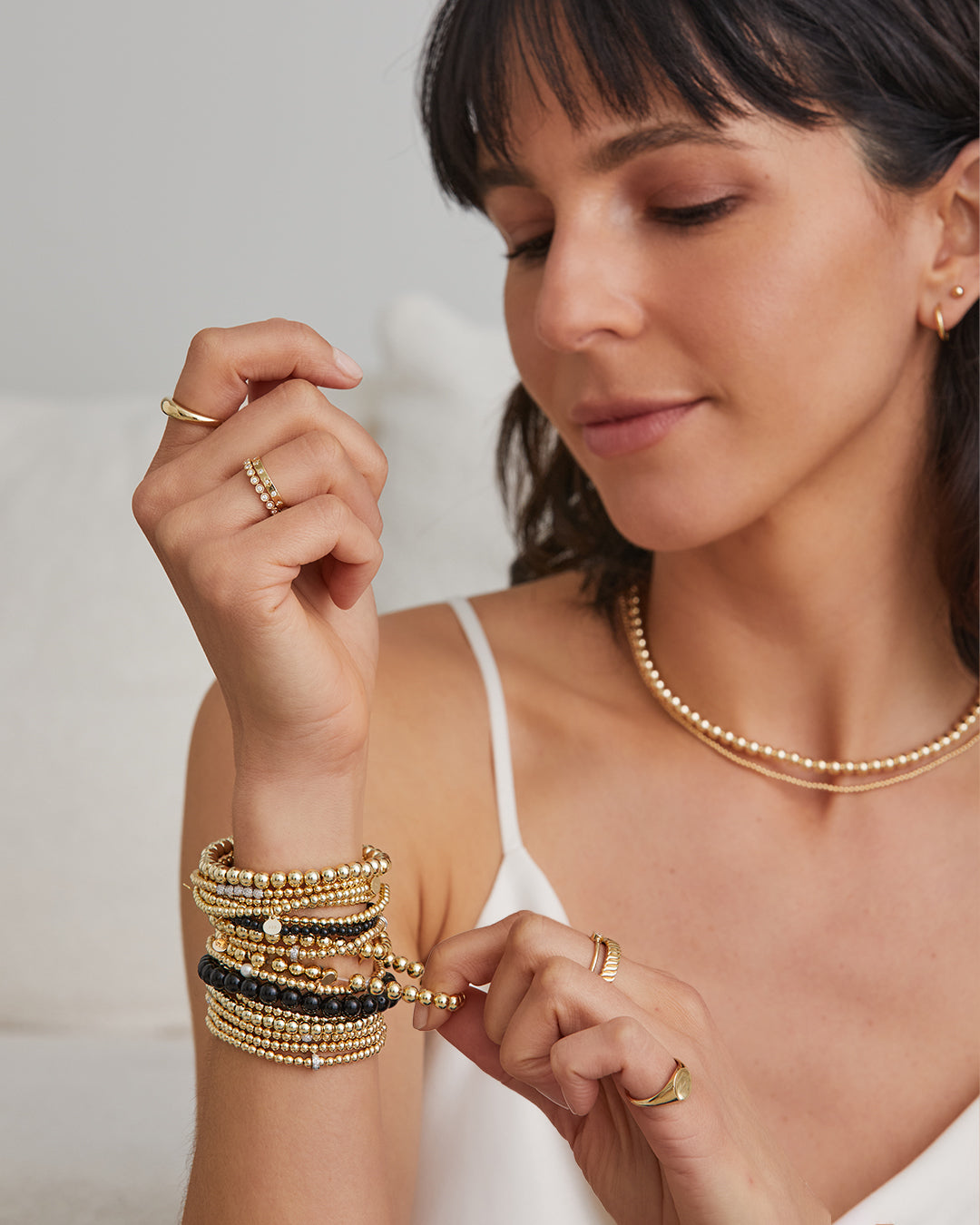 3mm Gold Segment Bead Bracelet with Diamond Bars