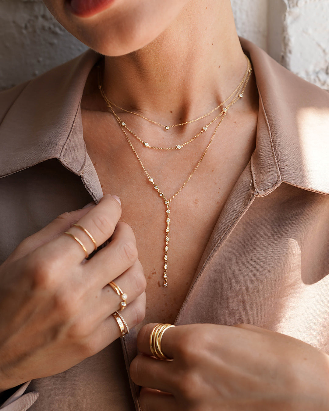 14k Gold Bezel Diamond Segment Lariat Necklace SAMPLE SALE Zoe Lev Jewelry