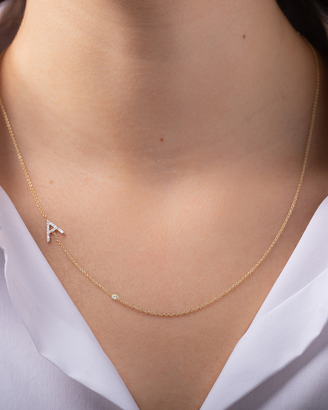 Diamond Asymmetrical Initial and Bezel Necklace Personalized Zoe Lev Jewelry