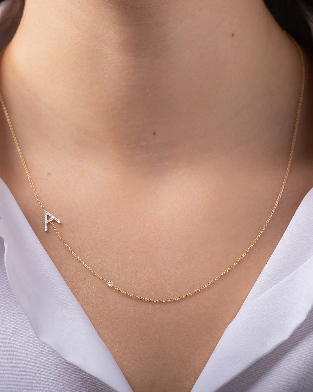 Diamond Asymmetrical Initial and Bezel Necklace - Zoe Lev Jewelry