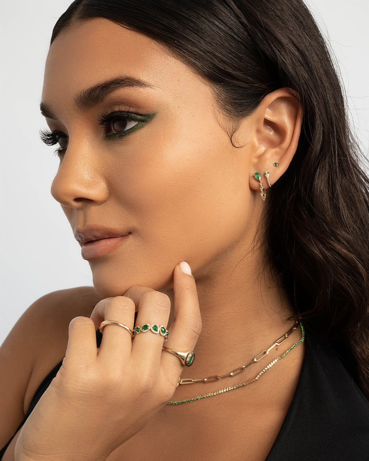Emerald Pear & Diamond Drop Chain Stud Earrings Zoe Lev Jewelry