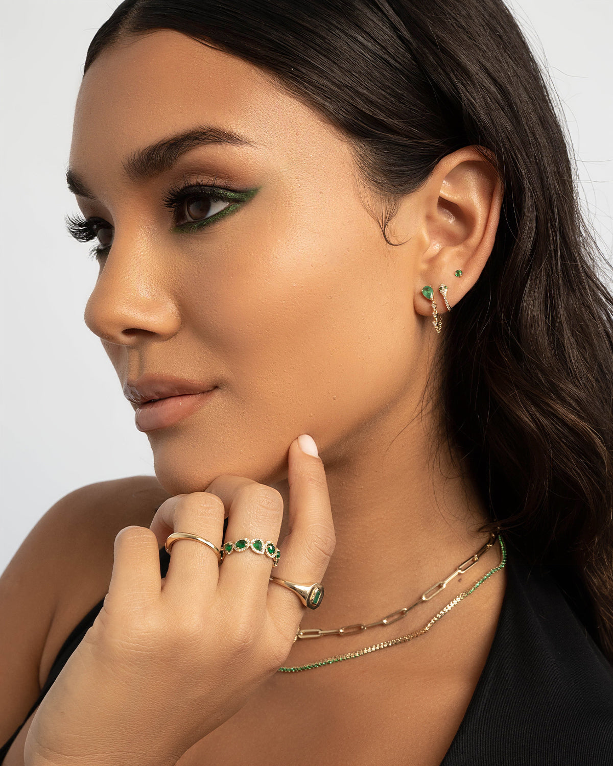 Emerald Pear &amp; Diamond Drop Chain Stud Earring
