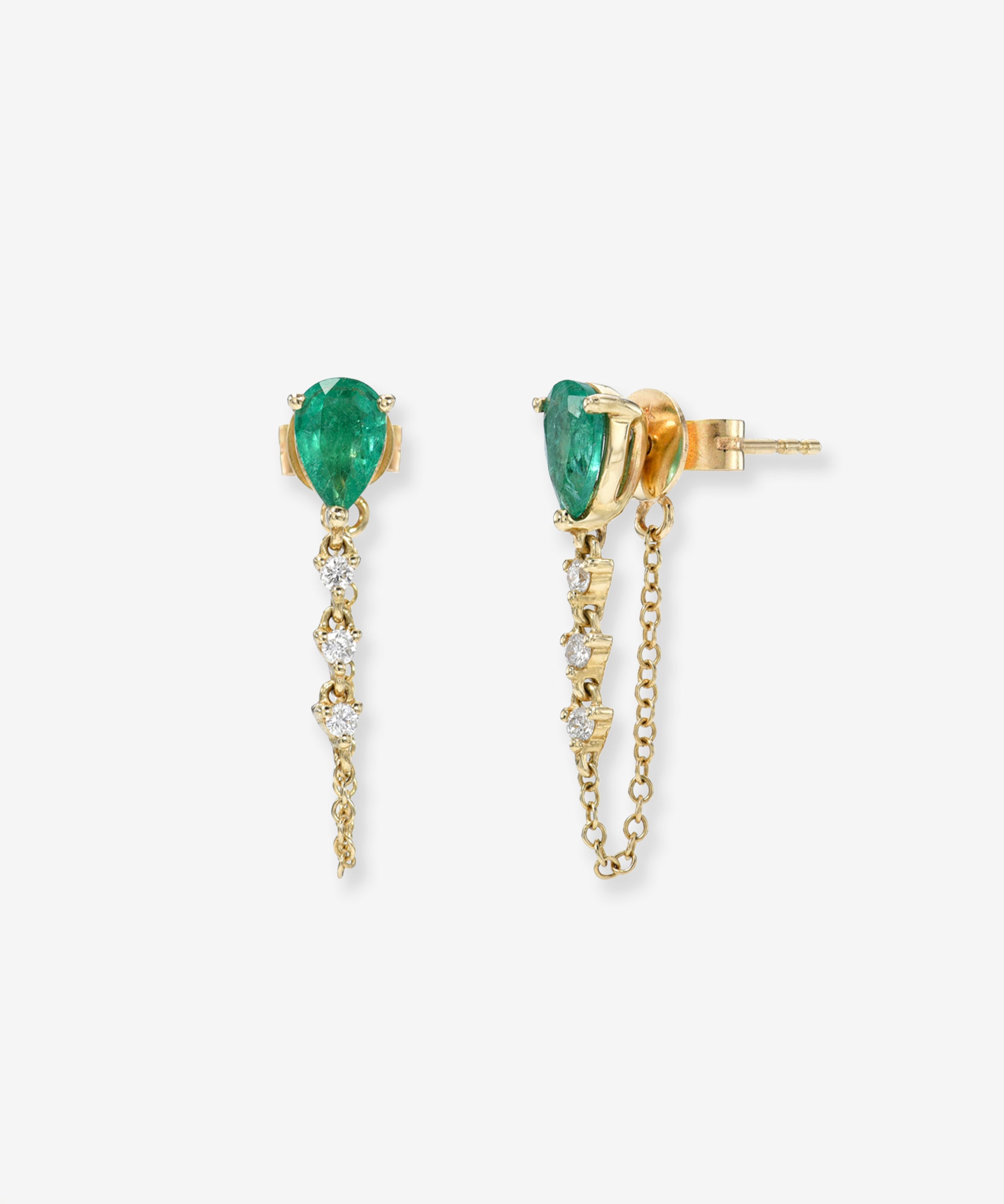 Emerald Pear & Diamond Drop Chain Stud Earrings Zoe Lev Jewelry