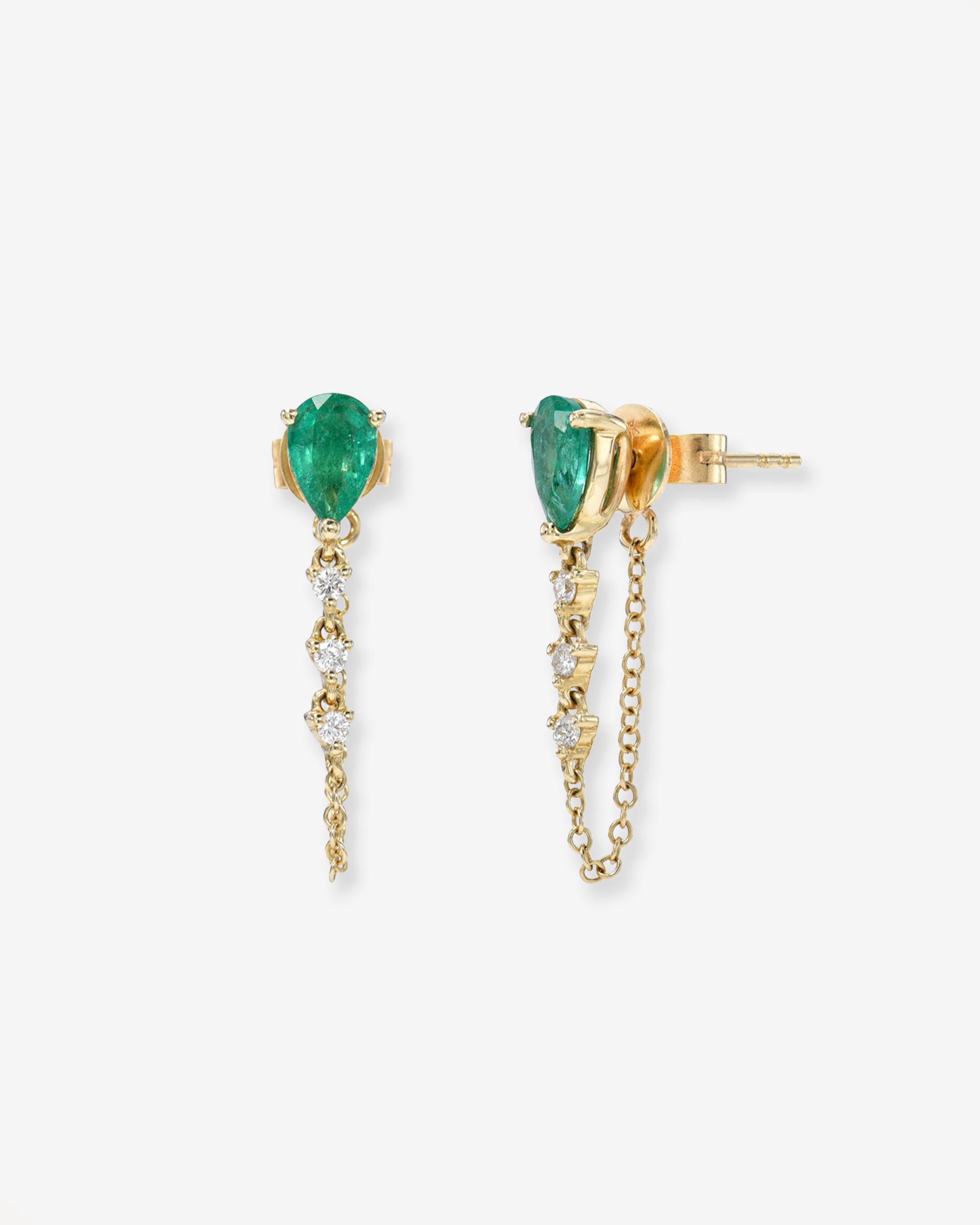 Emerald Pear & Diamond Drop Chain Stud Earrings Zoe Lev Jewelry