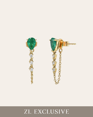 Emerald Pear & Diamond Drop Chain Stud Earring