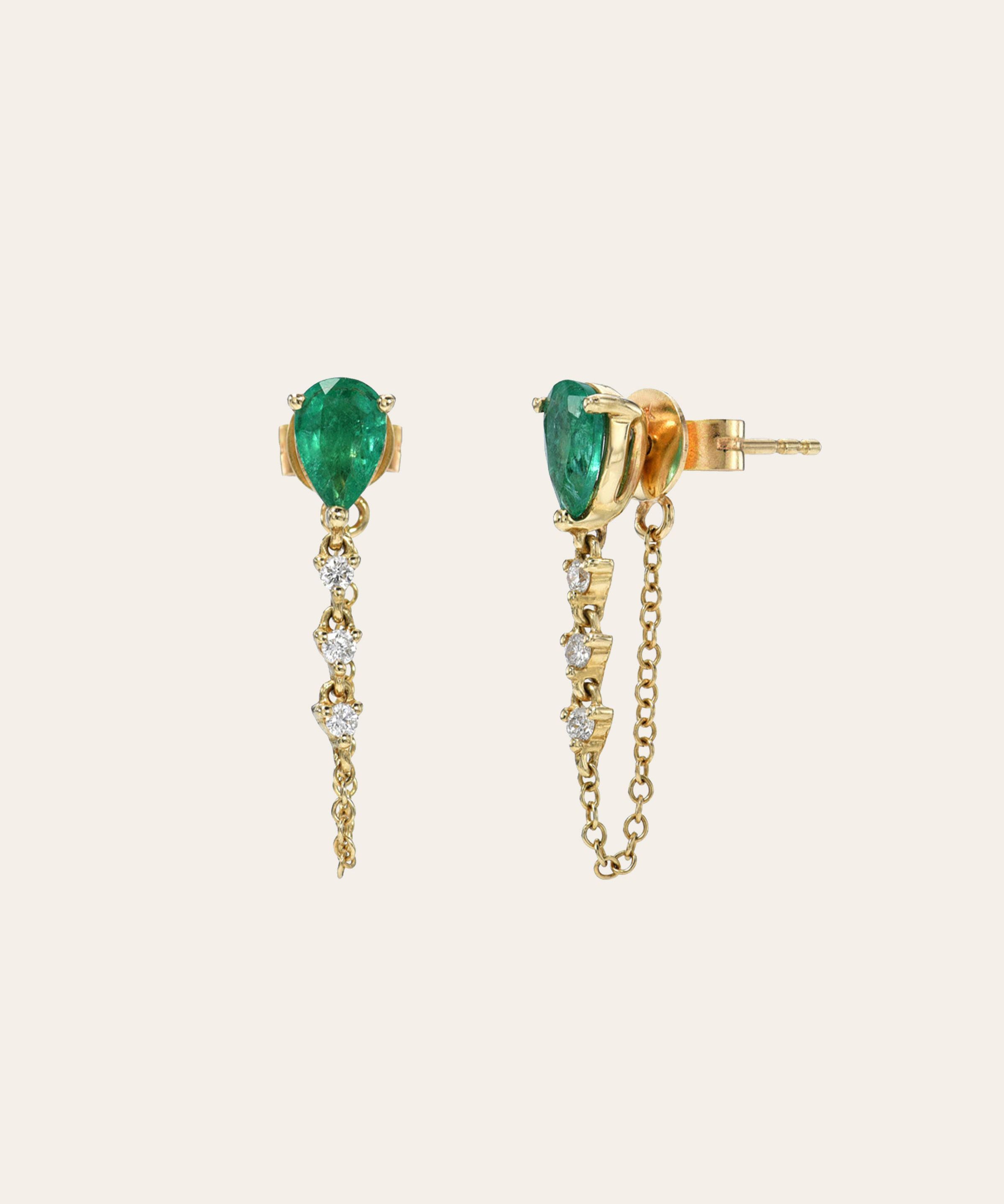 Emerald Pear & Diamond Drop Chain Stud Earrings Zoe Lev Jewelry
