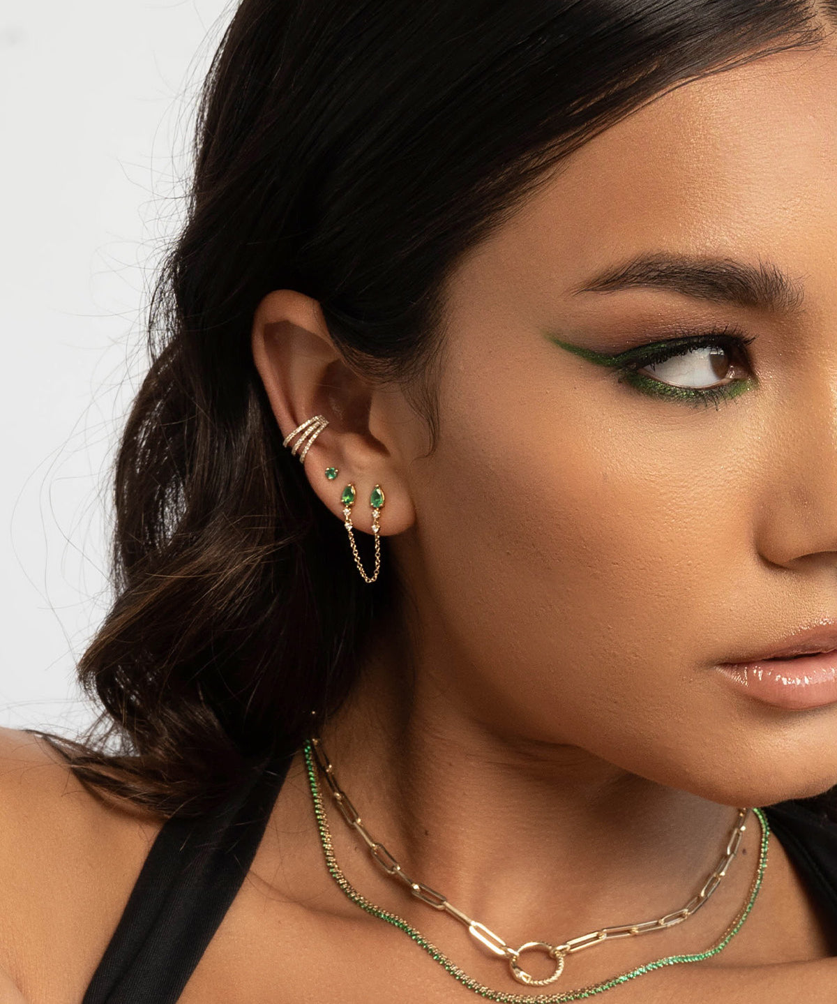 Emerald Pear and Diamond Chain Stud Earring Zoe Lev Jewelry