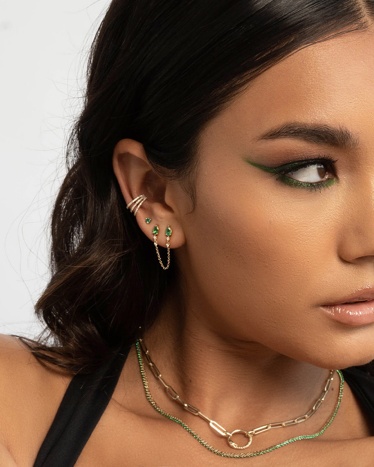 Emerald Pear and Diamond Chain Stud Earring Zoe Lev Jewelry