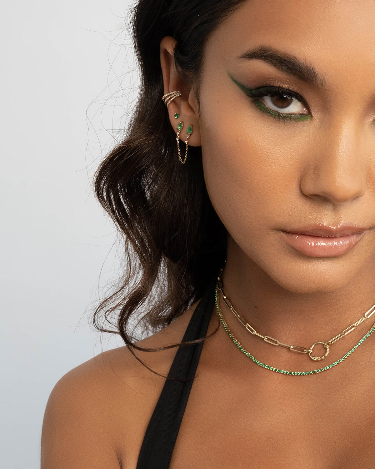 Emerald Pear and Diamond Chain Stud Earring Zoe Lev Jewelry