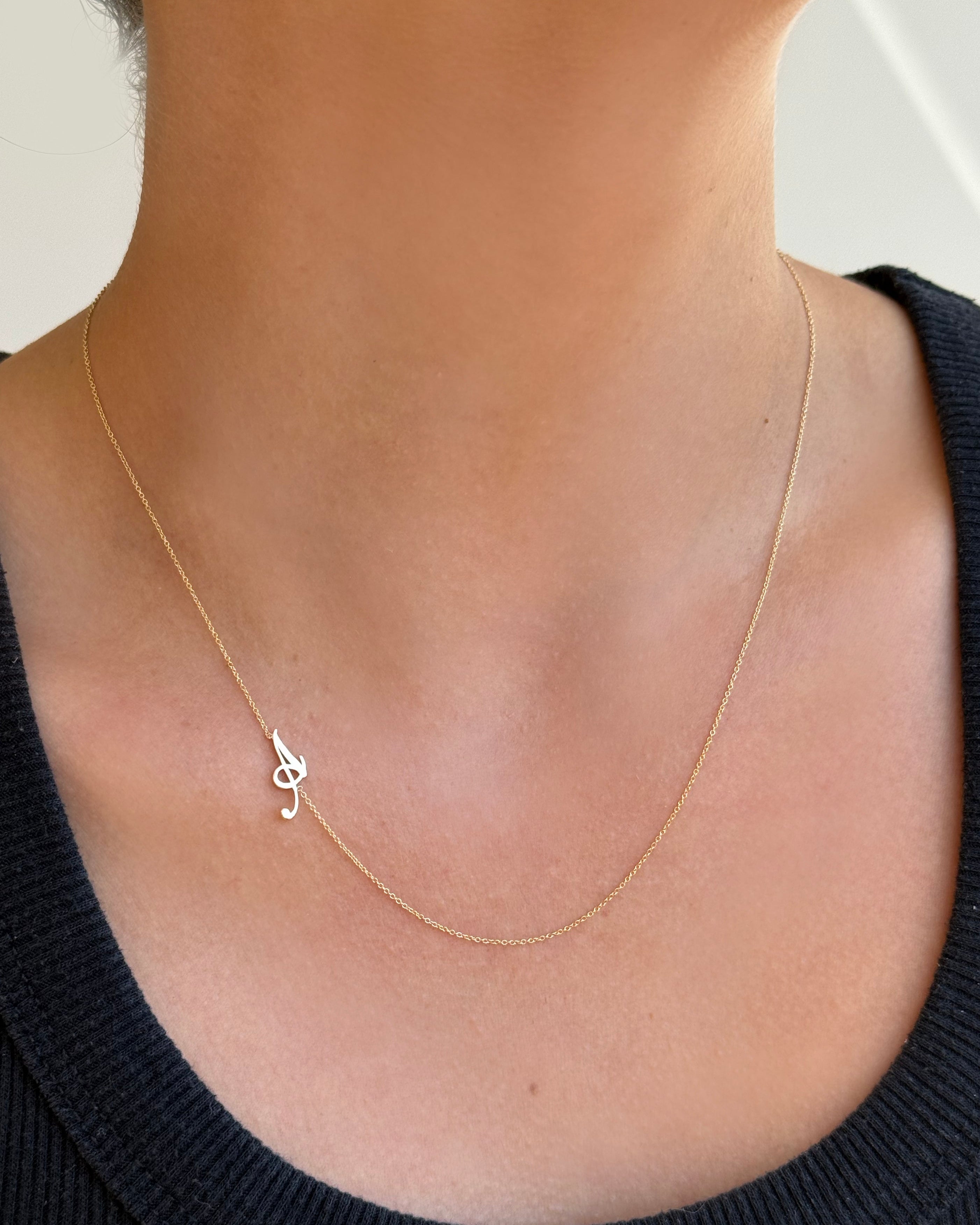 14k Gold Script Initial Asymmetrical Necklace Personalized Zoe Lev Jewelry